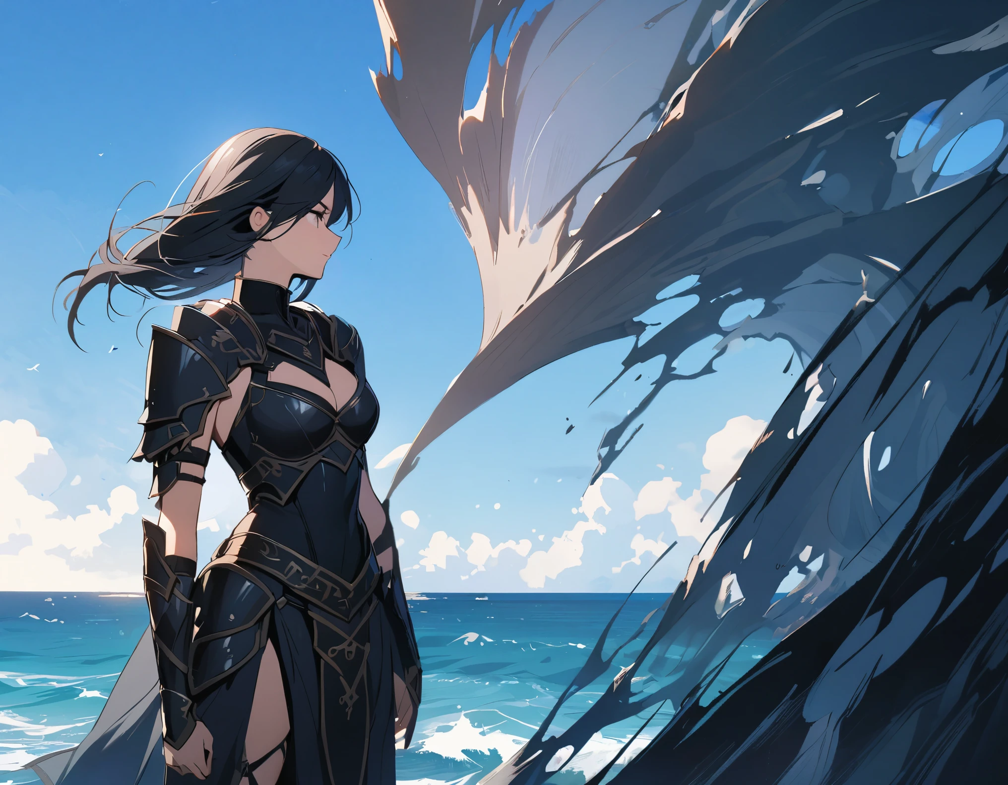 Female warrior with long black hair and wearing black armor, beautiful woman, blue background, sea, sky,