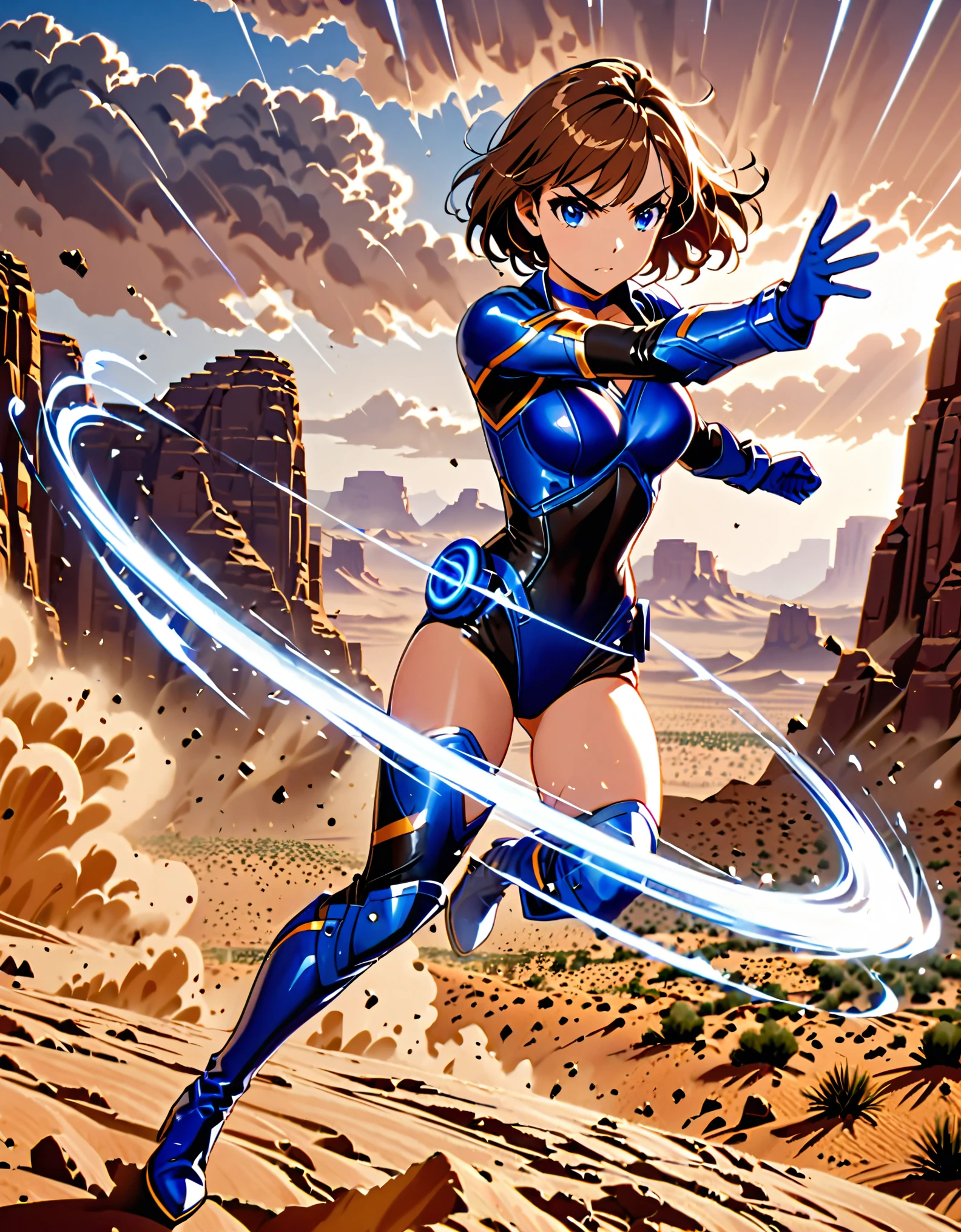 1girl, superhero, blue choker, blue eyes, blue footwear, blue gloves, boots, (leotard, midriff, long sleeves), medium breasts, brown hair, knee boots, short hair, bob hair, solo, determined, full body, desert backdrop, sandstorm, college-age female. raised arms. She spins at an incredible speed, creating a whirlwind of air around her. She rotates her body in place at super speed. She spins fast in place like a tornado. Cyclone spinning. Rapid gyration. Tornado winds around her. She super-spins. Spiral lines around her body. Curved sword slash.