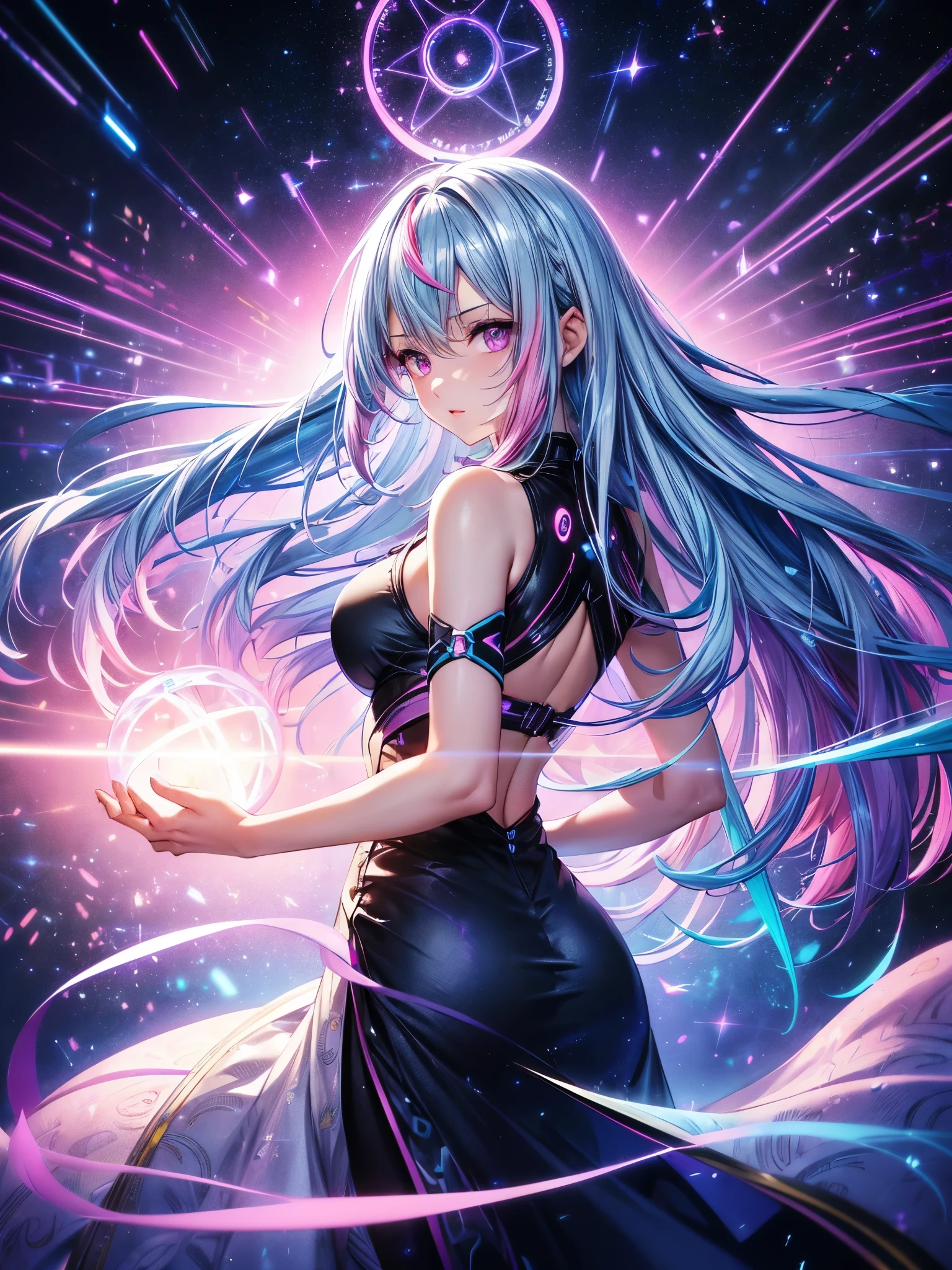 1 girl, one person, (Silver blue hair streaked pink purple:1.4), (Gradient sky blue hair ends:1.6), hair strand, absurdly long hair, single sidelock, wavy hair, shiny hair, floating hair, (Illusion deep purple eyes), delicate eyes, aqua eyes, High like real eyes, ((glowing eyes)), makeup, Focus on face, Very detailed facial, hot body, Random environment, Random pose, on the street, looking at the starry night sky, meteor, Technical clothing masterpiece, White extra long skirt, universe, several cross stars beside, Colored lights swirl around the body, (((Extra super huge colorful extra super complex multiple glowing magic circle upright on the back of the head))), cyberpunk, full body shot, realism anime, chiaroscuro, (glowing light), sparkle, ray tracing, cinematic lighting, Futurism, motion blur, perfect transition, god rays, atmospheric perspective, best quality, UHD, super detail, masterpiece, highres, ccurate, retina, Octane Render