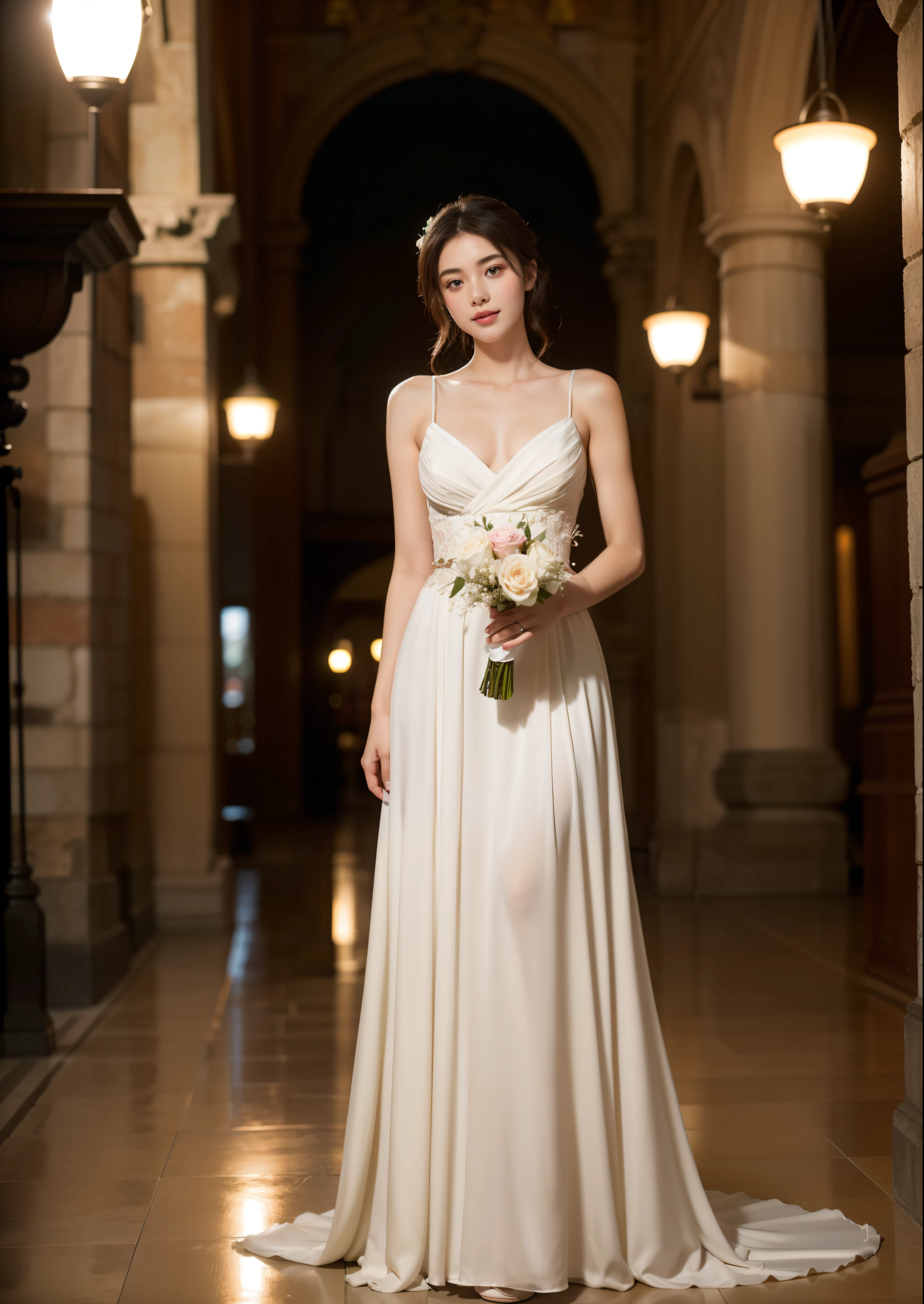Beautiful 17 year old woman。She is wearing a wedding dress. She is smiling on illuminated by the evening church lights . romantic sunset. her dark brown hair. High resolution、masterpiece、highest quality、頭w:1.0、((Hasselblad Photos))、fine skin、(movie lighting)、clavicle . full body picture.