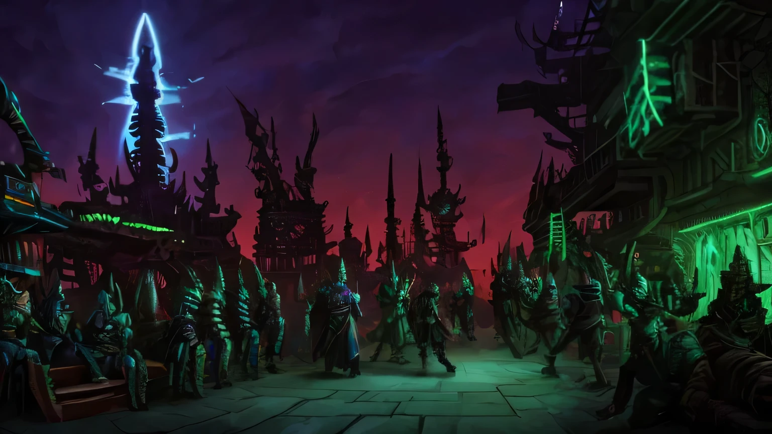 Commorragh, Drukhari, Dark Eldar, torture, chains, spikes, tall elven spires, sky weird, random alley, oppressive, few neon lights in green, many buildings, spires, dark, drukhari, drukhari
