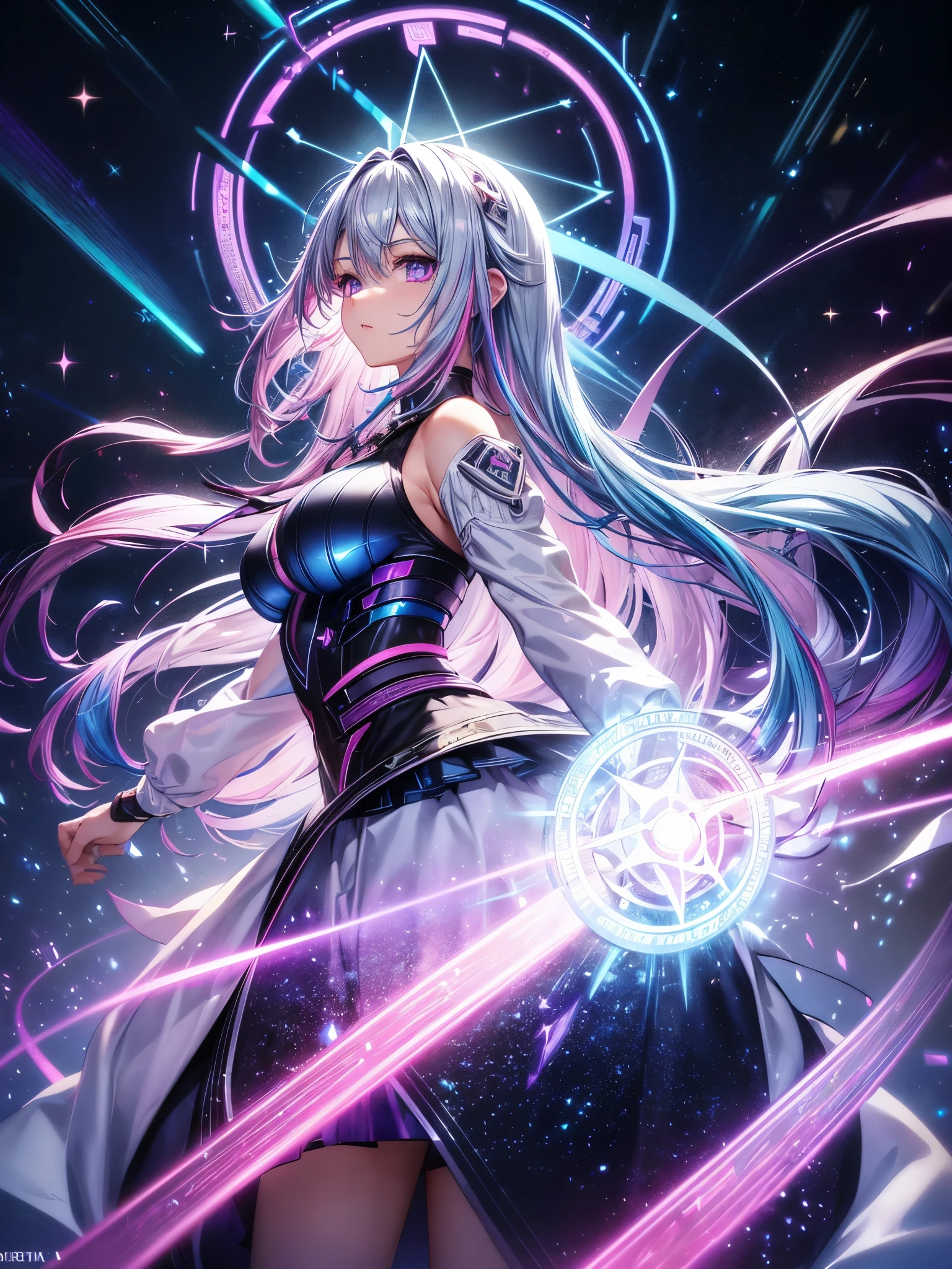 1 girl, one person, (Silver blue hair streaked pink purple:1.4), (Gradient sky blue hair ends:1.6), hair strand, absurdly long hair, single sidelock, wavy hair, shiny hair, floating hair, (Illusion deep purple eyes), delicate eyes, aqua eyes, High like real eyes, ((glowing eyes)), makeup, Focus on face, Very detailed facial, hot body, Random environment, Random pose, on the street, looking at the starry night sky, meteor, Technical clothing masterpiece, White extra long skirt, universe, several cross stars beside, Colored lights swirl around the body, (((Extra super huge colorful extra super complex multiple glowing magic circle upright on the back of the head))), cyberpunk, full body shot, realism anime, chiaroscuro, (glowing light), sparkle, ray tracing, cinematic lighting, Futurism, motion blur, perfect transition, god rays, atmospheric perspective, best quality, UHD, super detail, masterpiece, highres, ccurate, retina, Octane Render