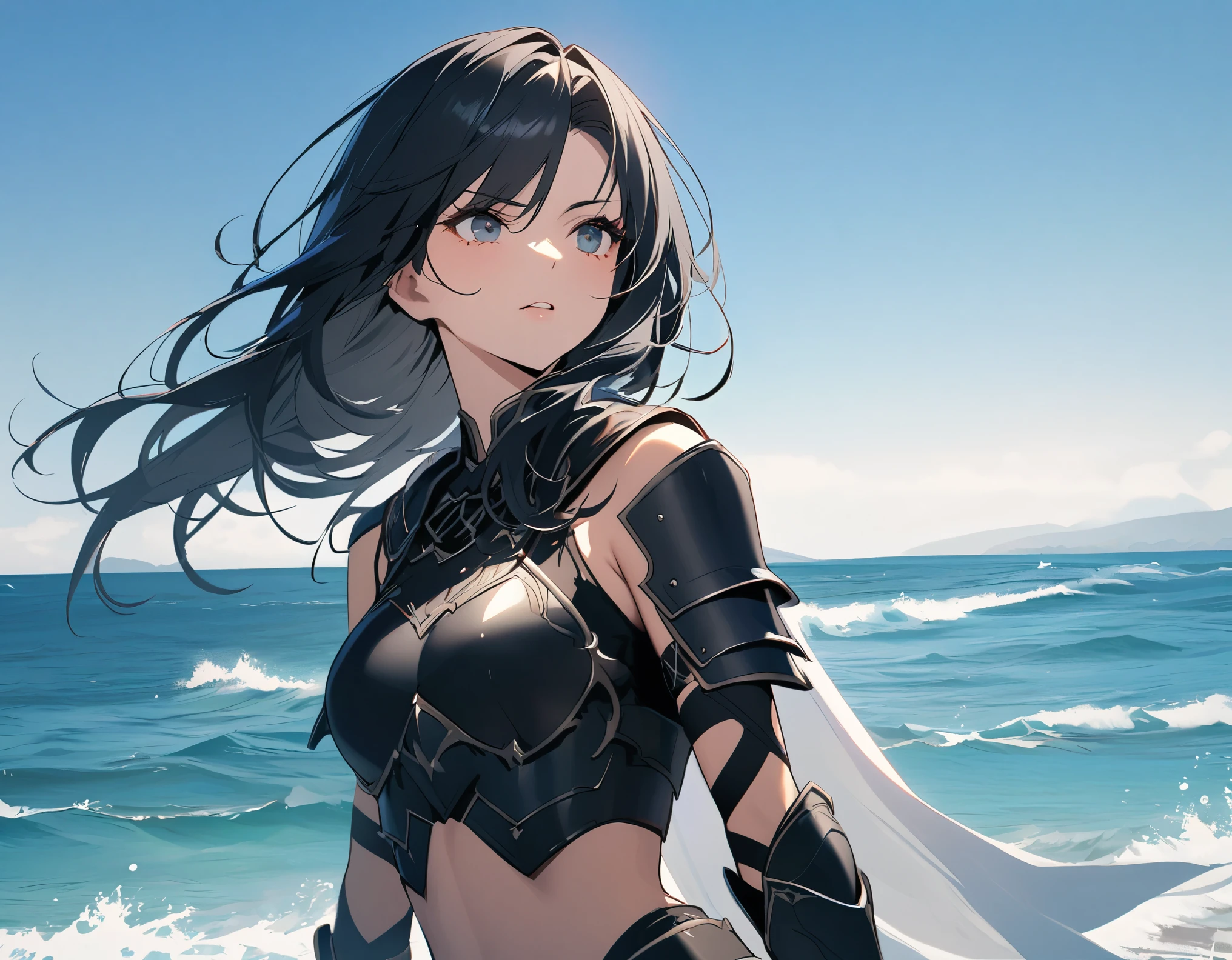 Female warrior with long black hair and wearing black armor, beautiful woman, blue background, sea, sky,