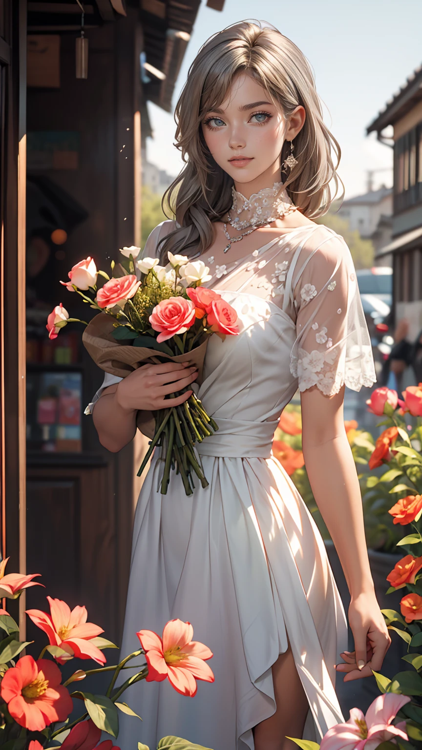 masterpiece, highest quality, One girl, Gray Hair, smile, View your viewers, Adult, Fully mature, Holding flowers