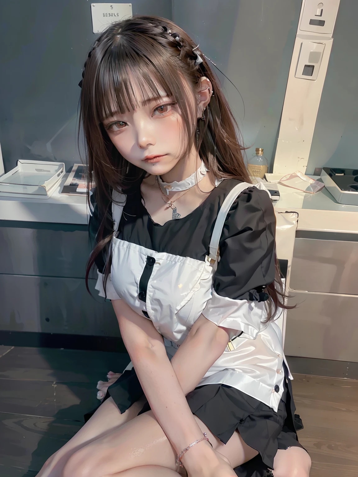 (8K High Resolution), masterpiece, highest quality, Realistic ((Medium Bust)), Hair in one eye, Purple eyes, Very large hoop earrings, Sharp eyes, choker, Red Gemstone Necklace. , (Symmetrical eyes), (Perfectly symmetrical body ), Beautiful 20 year old girl photo, ((Perfectly symmetrical body )), ((In the staff room)), (Black short skirt), University Uniforms, (( Woman The girl is wearing a tight fitting white short sleeve shirt, Button unbuttoned, Her chest is open, showing off her beautiful breasts.)) ((Short black pencil skirt with deep slits in the front of the legs)), (Maharaj Uniform), belt, Bob, Long Hair, Side bangs, golden blonde hair, double eyelid, Sharp eyeliner, Blush Eyeshadow. She has thick eyelashes, Very delicate and beautiful, Round chin, Sharp focus. elegant. She is sitting at a desk that is already full.. Keep your legs apart and your head at eye level. Spread your legs. Lift your right foot over your left foot. Let your legs open naturally. Feet a little apart. Dynamic pose, bracelet, Women's Watches,Small breasts.
