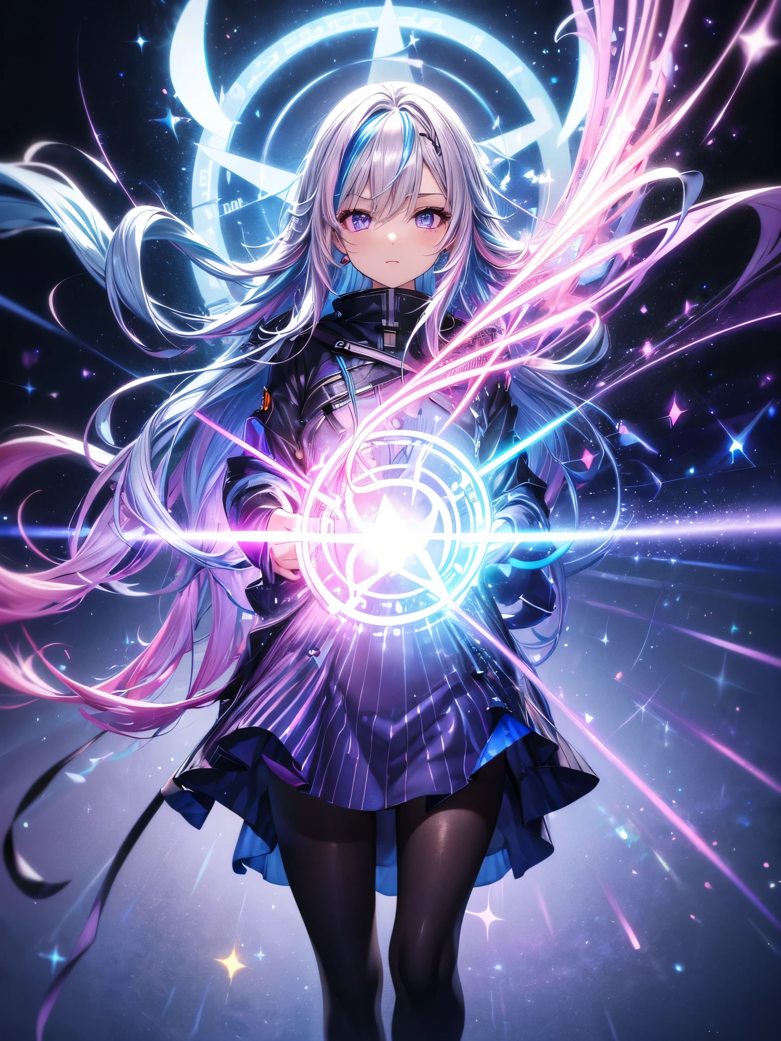 1 girl, one person, (Silver blue hair streaked pink purple:1.4), (Gradient sky blue hair ends:1.6), hair strand, absurdly long hair, single sidelock, wavy hair, shiny hair, floating hair, (Illusion deep purple eyes), delicate eyes, aqua eyes, High like real eyes, ((glowing eyes)), makeup, Focus on face, Very detailed facial, hot body, Random environment, Random pose, on the street, looking at the starry night sky, meteor, Technical clothing masterpiece, White extra long skirt, universe, galaxy, several cross stars beside, Colored lights swirl around the body, (((Extra super huge colorful extra super complex multiple glowing magic circle upright on the back of the head))), cyberpunk, full body shot, realism anime, chiaroscuro, (glowing light), sparkle, ray tracing, cinematic lighting, Futurism, motion blur, perfect transition, god rays, atmospheric perspective, best quality, UHD, super detail, masterpiece, highres, ccurate, retina, Octane Render