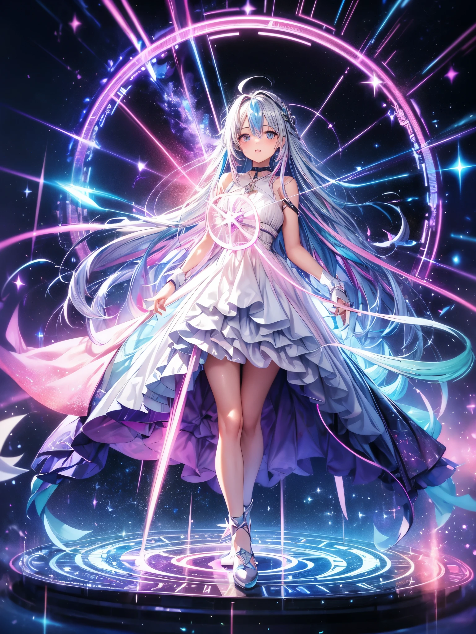 1 girl, one person, (Silver blue hair streaked pink purple:1.4), (Gradient sky blue hair ends:1.6), hair strand, absurdly long hair, single sidelock, wavy hair, shiny hair, floating hair, (Illusion deep purple eyes), delicate eyes, aqua eyes, High like real eyes, ((glowing eyes)), makeup, Focus on face, Very detailed facial, hot body, Random environment, Random pose, on the street, looking at the starry night sky, meteor, Technical clothing masterpiece, White extra long skirt, universe, galaxy, several cross stars beside, Colored lights swirl around the body, (((Extra super huge colorful extra super complex multiple glowing magic circle upright on the back of the head))), cyberpunk, full body shot, realism anime, chiaroscuro, (glowing light), sparkle, ray tracing, cinematic lighting, Futurism, motion blur, perfect transition, god rays, atmospheric perspective, best quality, UHD, super detail, masterpiece, highres, ccurate, retina, Octane Render