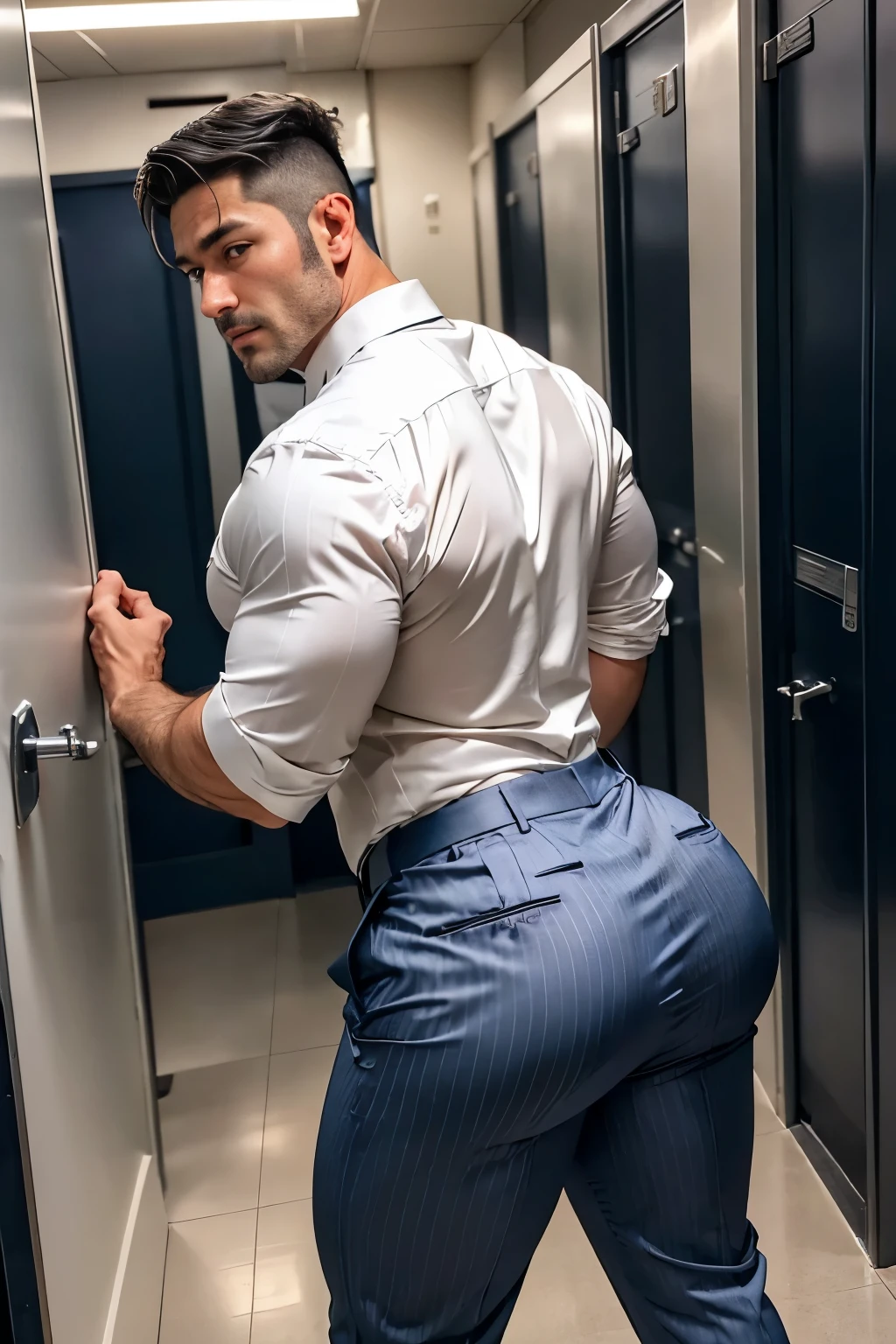 40-year-old boy ,Japanese muscular male in white formal shirt......... navy blue pinstripe trouser..... seductive expression....................  dripping on body and pants...................., arching back............... looking back to the camera. [[ big unrealistic butt,]] hairy legs.................. muscular thigh......................close up on butt........low angle camera........... in locker room........