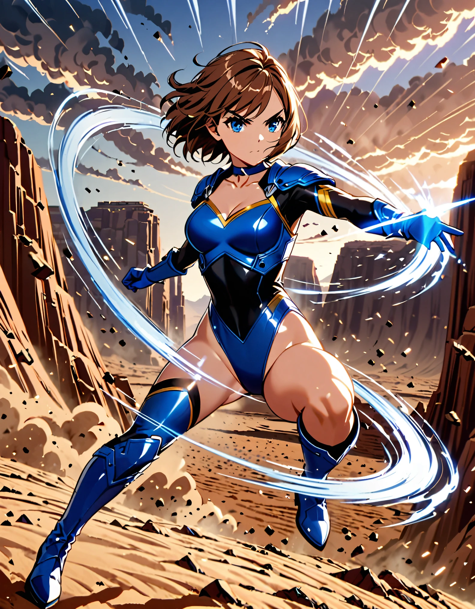 1girl, superhero, blue choker, blue eyes, blue footwear, blue gloves, boots, (leotard, midriff, long sleeves), medium breasts, brown hair, knee boots, short hair, bob hair, solo, determined, full body, college-age female. raised arms. desert backdrop, sandstorm. She spins at an incredible speed, creating a whirlwind of air around her. She rotates her body in place at super speed. She spins fast in place like a tornado. Cyclone spinning. Rapid gyration. Tornado winds around her. She super-spins. Spiral lines around her body. Curved sword slash.