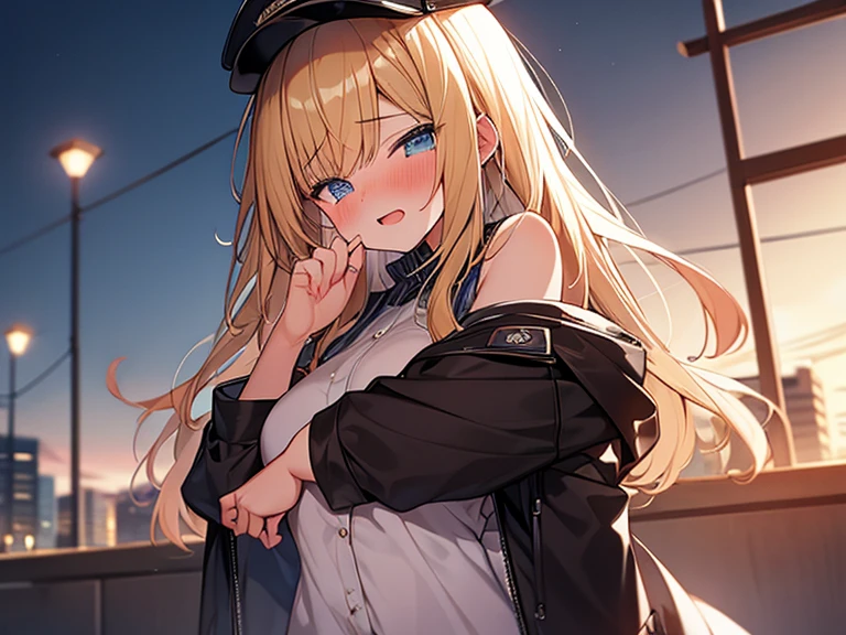 Masterpiece, Top quality, 1 beautiful girl, Blonde, medium Hair, wavy Hair, blunt bangs, silky hair, 17 year old, standard weight, medium breasts, cool jacket, cap, (sexual climax:1.3), nose blush, crying, beautiful scene of park, blurry background, magnificent panorama view, from below, (1 boy and 1 girl are having sex :1.2), nsfw, undressing
