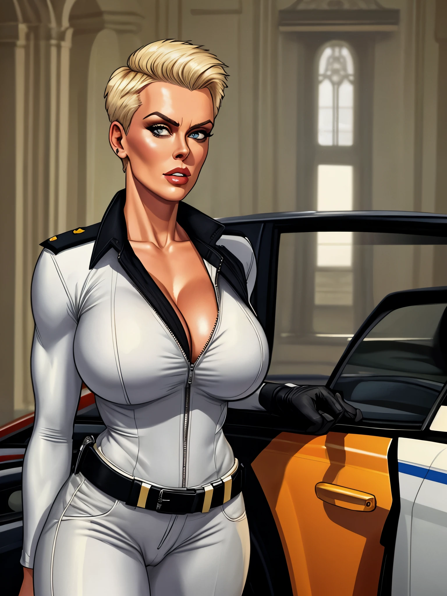 Brigitte Nielsen, young woman, 25 year old, short hair, standing, sexy cop, 1girl