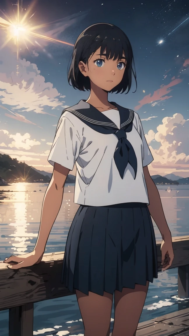 {{kofune mio}}, {summertime render}, blue eyes, black short hair, Calm expression,A faint blush, medium breasts, dark skin, dark-skinned female, white serafuku, short sleeves, black neckerchief, white sailor collar black pleated skirt,1girl, solo,very aesthetic, best quality, amazing quality, ,curated, illustration, highly detailed, anime coloring,Night sea background
BREAK
Golden Hour, (Rim Light):1.2, Warm tones, Solar flare, Soft Shadows, Vibrant colors, Painterly effect, Dream-like atmosphere 
BREAK
Beautiful sea, Calm water, reflection, Clouds illuminated by the moon, Peaceful atmosphere, Beautiful starry sky, Super detailed, Official Art, unity 8k wallpaper , Tangled, Mandala