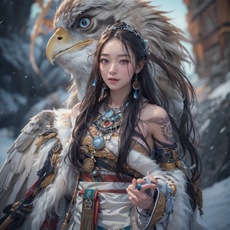 Hiding in the snowy mountains、Hair flow、 ((highest quality、masterpiece、8k、Best image quality、Ultra-high resolution、Award-winning works)、(Accurate anatomy:1.1)、(Look at me and smile:1.1)、Shining fair skin with Ultra-high resolution、The most detailed face、Ultra-high resolution detailed face、Ultra-high resolutionの髪の毛、(Ultra-high resolutionの煌めく瞳:1.1)、Beautiful face drawn in every detail、(Blurred Background:1.1)、Ancient Inuit clothing, Chest to chest, tattoo, Old ruins in the background、Apart from the real giant eagle