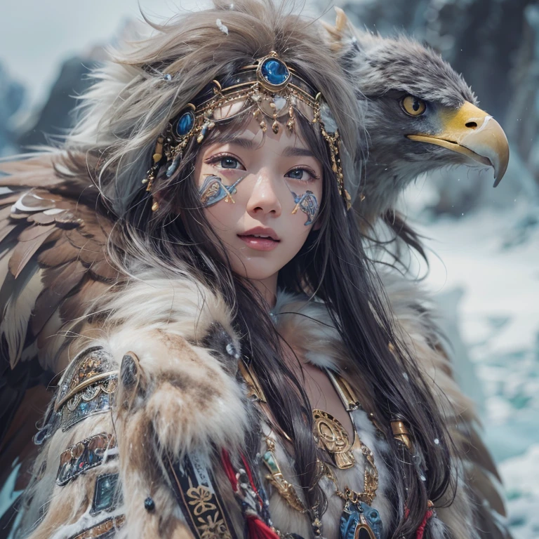 Hiding in the snowy mountains、Hair flow、 ((highest quality、masterpiece、8k、Best image quality、Ultra-high resolution、Award-winning works)、(Accurate anatomy:1.1)、(Look at me and smile:1.1)、Shining fair skin with Ultra-high resolution、The most detailed face、Ultra-high resolution detailed face、Ultra-high resolutionの髪の毛、(Ultra-high resolutionの煌めく瞳:1.1)、Beautiful face drawn in every detail、(Blurred Background:1.1)、Ancient Inuit clothing, Chest to chest, tattoo, Old ruins in the background、Apart from the real giant eagle