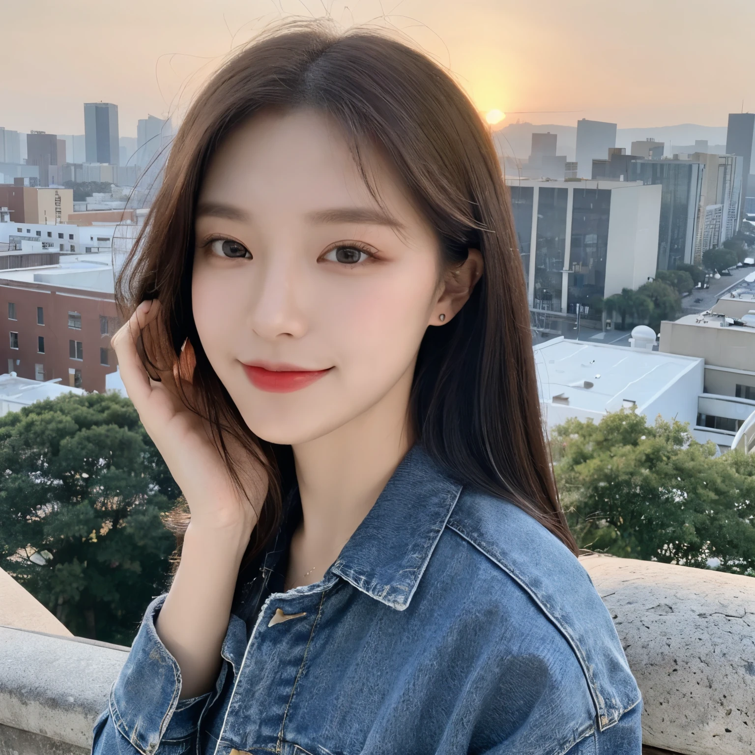 20 years old, pure beauty, Danfeng Eyes, double eyelids, lying silkworm, long eyelashes, black eyes, dark black hair, graceful body, Showing slender waist, casual shirt, new perfect denim, face highlight, Smile, look at me, Half-length photo, background, city sunset view background, Tyndall Wright, Filter rendering, Ultra-fine, HD, HD, HD picture quality, detail, 18k ultra HD resolution, top effects, masterpiece, Half-length photos.