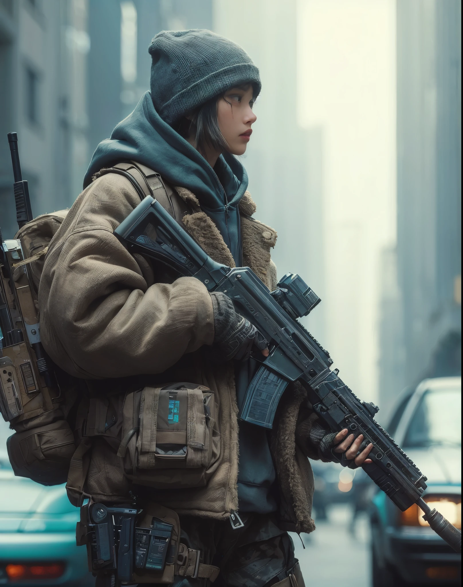 8k,Realistic Skin Texture、Realistic Photo、Neo Tokyo、Japanese women、Near future、AD2050、Dirty hunting jacket、Wearing multiple shirts and hoodies、Used automatic rifle、sneakers、Knit cap、、cold、Dynamic pose、Innovative composition、revenge、Near futureの街に不釣り合いな古びた1966年製フォード・ブロンコ、cyber punk、、