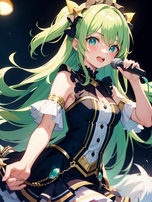 (1 girl,), dance, (((Ai Hoshino dress))), six-pointed star in her eyes, microphone in her right hand, ((colorful atmosphere)), wink, (((cute))), ((saturation) )), (Ai Hoshino), big eyes, fantasy eyes, yellow-green hair, happy, hair accessories, ((high quality)), touching yellow-green and black dress, anime idol,