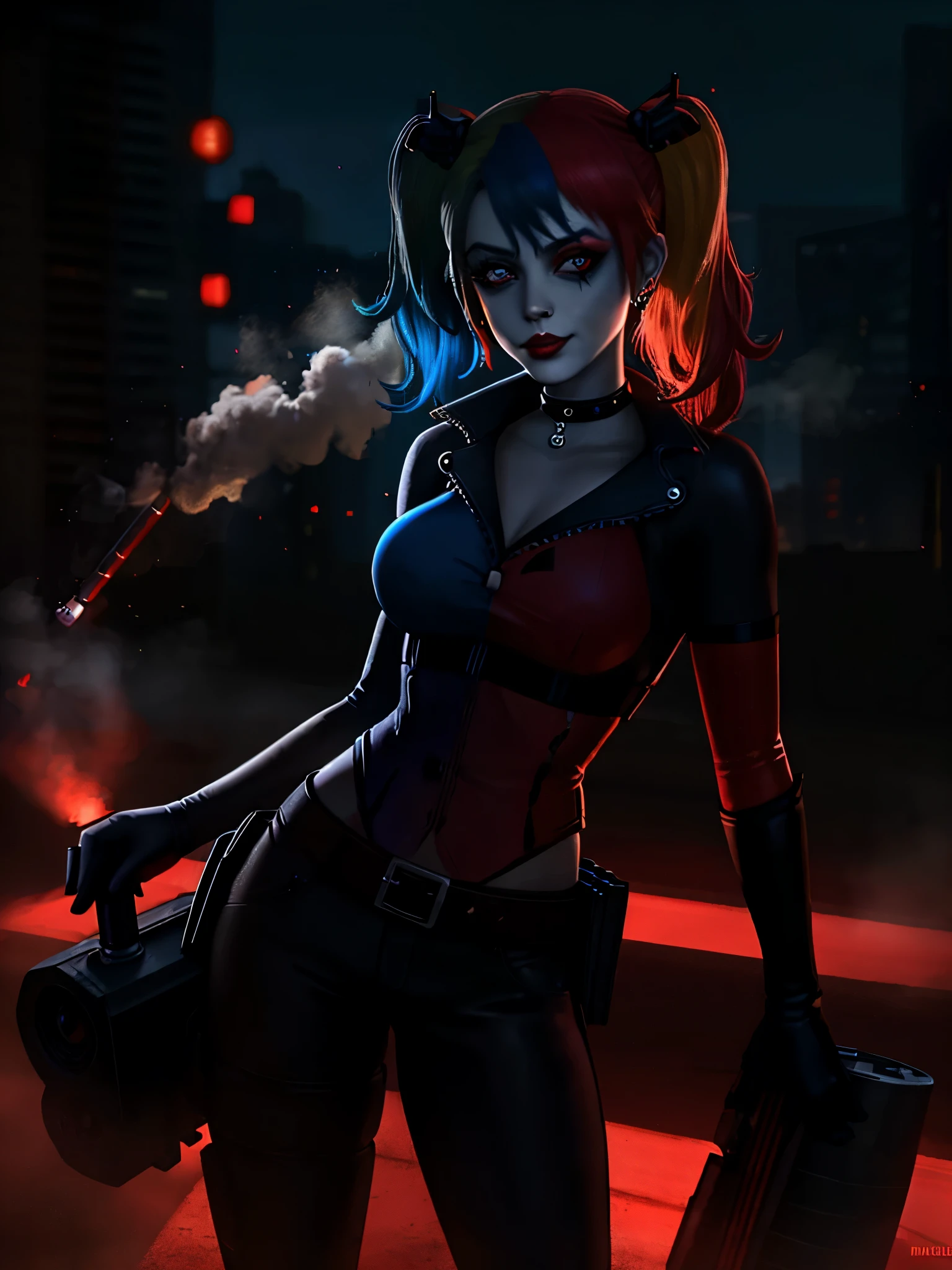 Harley Quinn holding two dynamite surrounded by smoke colored, 8k resolution, ultra details, realistic image, shadows and lights, beautiful colors