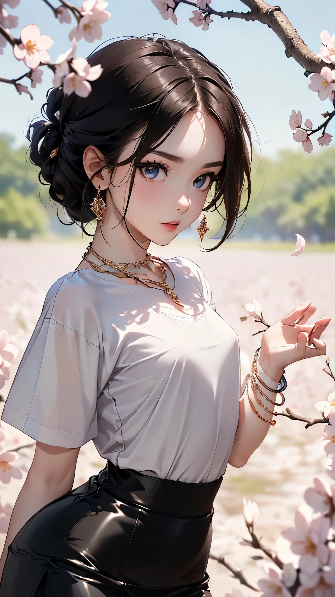 ((Biologically correct limb count))、((Full Body Shot, Full-body photo including face、Head to toe photos))、4K、masterpiece、((Focus on the face))、((Symmetrical facial features))、Eyes of meticulous depiction、Beautiful woman、Excellent style、Beautiful feet、(Black Stockings、High heels with anklets)、Facial detailing、Small earrings、necklace、((Close-up photo of the upper body))、(Latex shirts、Latex skirt)、Morning park scenery during cherry blossom season、Low - Angle、(Shy)、
