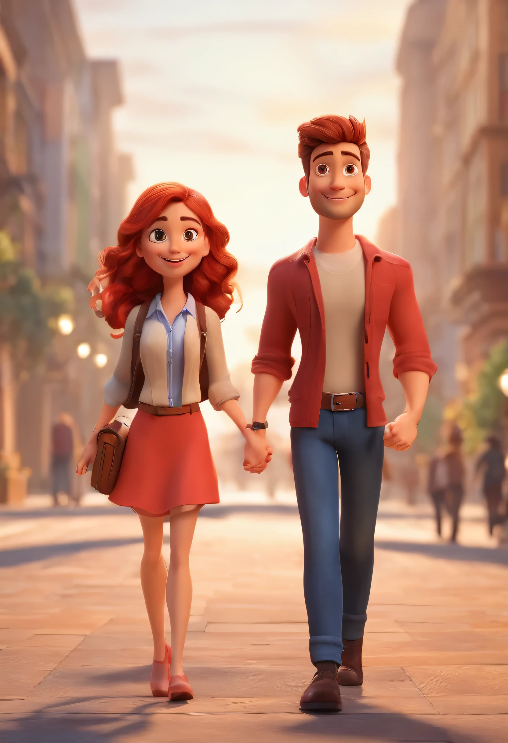 An illustration of an adorable couple, A brunette man and a girl with red hair and slanted eyes, The two of them are smiling and facing the front of the camera, Show Your Connection. Desenvolva esta arte em Full HD, Focus on your cinematic touch, Estilo Disney Pixar Animations