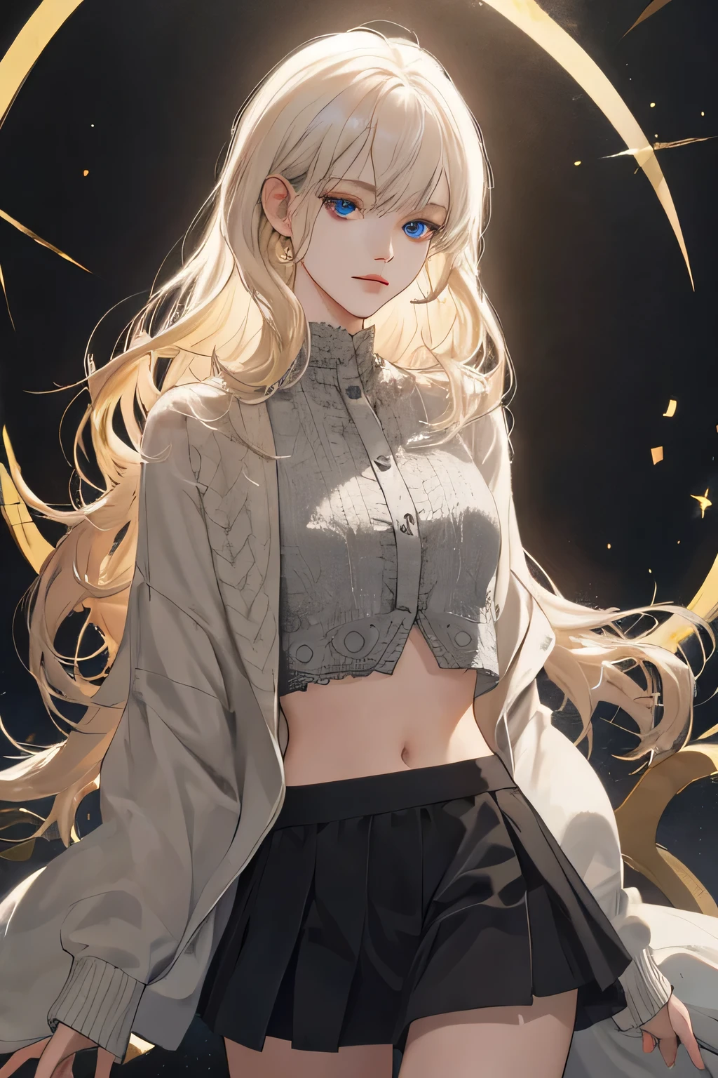 (extreamly delicate and beautiful:1.2), 8K,(masterpiece:1.0),(best_quality:1.0), 1 girl, and intricate detailing, Enlarged textures, and intricate detailing, finely eye and detailed face, and intricate detailing, shiraga, platinum blonde curls long hair, (closed mouths), Perfect eyes, Equal eyes, carolina eyes (A famale god) with crop top modern, cardigan modern with short skirt, half body