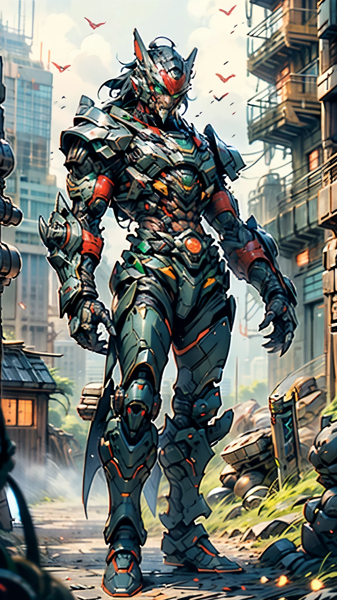 A man wearing a full-face helmet, a fantasy-style biotech armored combat suit, green eyes, (a composite layered chest armor), fully enclosed shoulder guards, matching arm and leg guards, the belt is adorned with fangs biting into orbs, (the color scheme is primarily black with red accents), the design balances heavy with agility, a high-tech bio-mecha armor, (Armor Concept Inspired by Wolf, stand on the top of a skyscraper in a futuristic sci-fi city), this character embodies a finely crafted fantasy-surreal style armored hero in anime style, exquisite and mature manga art style, (element, plasma, energy, the armor glows), ((male:1.5)), metallic, real texture material, dramatic, high definition, best quality, highres, ultra-detailed, ultra-fine painting, extremely delicate, professional, perfect body proportions, golden ratio, anatomically correct, symmetrical face, extremely detailed eyes and face, high quality eyes, creativity, RAW photo, UHD, 32k, Natural light, cinematic lighting, masterpiece-anatomy-perfect, masterpiece:1.5