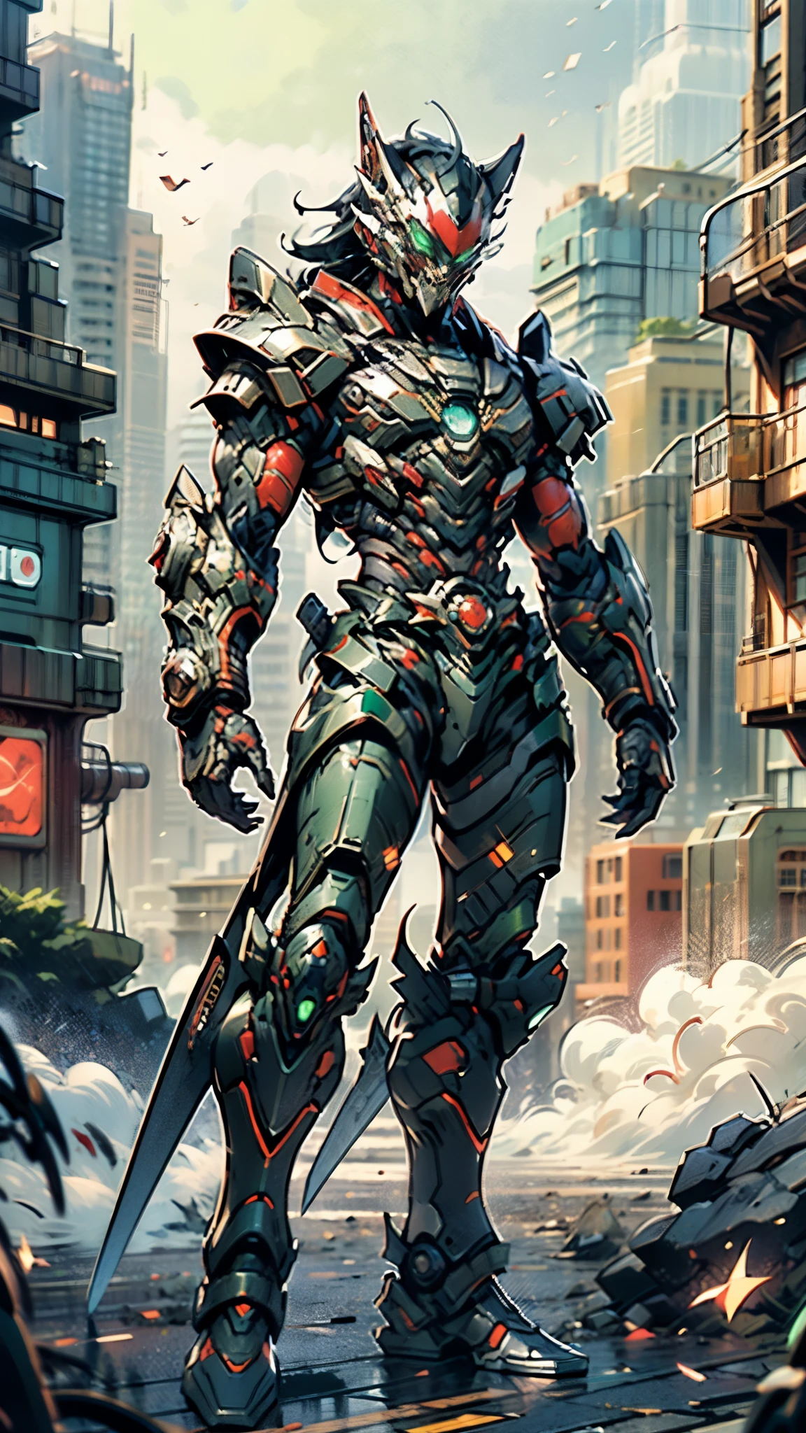 A man wearing a full-face helmet, a fantasy-style biotech armored combat suit, green eyes, (a composite layered chest armor), fully enclosed shoulder guards, matching arm and leg guards, the belt is adorned with fangs biting into orbs, (the color scheme is primarily black with red accents), the design balances heavy with agility, a high-tech bio-mecha armor, (Armor Concept Inspired by Wolf, stand on the top of a skyscraper in a futuristic sci-fi city), this character embodies a finely crafted fantasy-surreal style armored hero in anime style, exquisite and mature manga art style, (element, plasma, energy, the armor glows), ((male:1.5)), metallic, real texture material, dramatic, high definition, best quality, highres, ultra-detailed, ultra-fine painting, extremely delicate, professional, perfect body proportions, golden ratio, anatomically correct, symmetrical face, extremely detailed eyes and face, high quality eyes, creativity, RAW photo, UHD, 32k, Natural light, cinematic lighting, masterpiece-anatomy-perfect, masterpiece:1.5