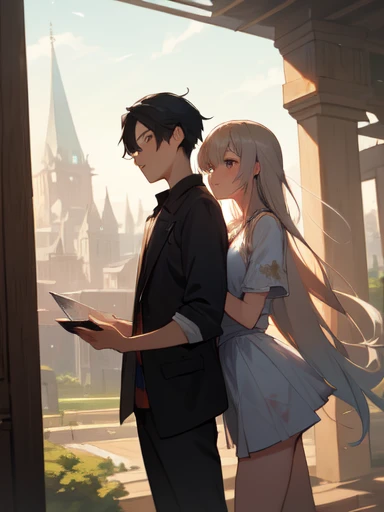 (absurdres), (perfect anatomy), (ingenious angle), (variations of poses), beautiful composition, RAW photo, extremely delicate and beautiful, aesthetic,2 people, 2 shots, boy, looking away, , friends, standing, cowboy shot, landscape, warm atmosphere, 2 people, perfect composition, trending pixiv fanbox, clear eyes, anime hand drawn illustration,
