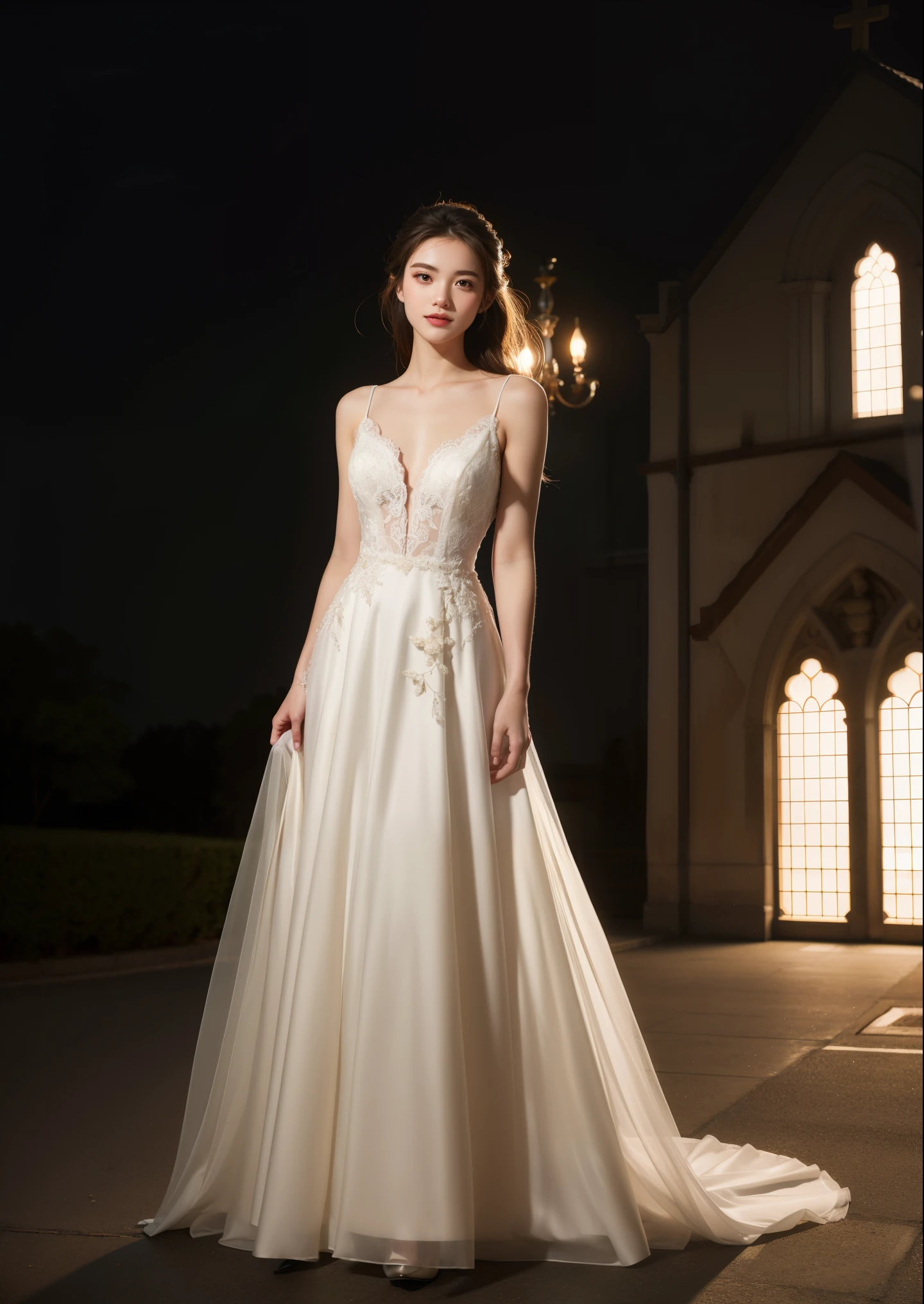 Beautiful 20 year old  woman。She is wearing a wedding dress. She is smiling on illuminated by the evening church lights . romantic sunset. her dark brown hair. High resolution、masterpiece、highest quality、頭w:1.0、((Hasselblad Photos))、fine skin、(movie lighting)、clavicle . full body picture.