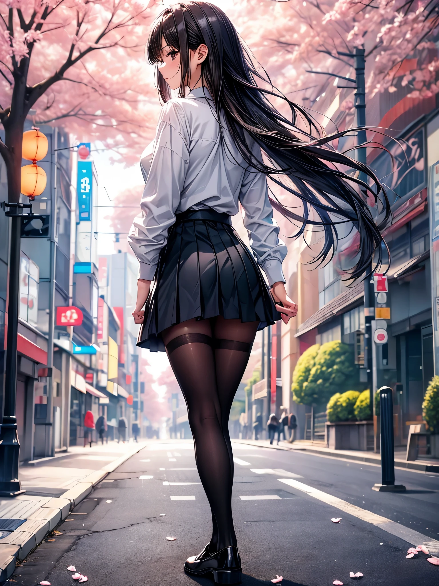 ((Ultra-delicate)), ((Ultra-detail)),(Be focused), (high resolution), Deformed depth of field blurred background, (Detailed background), Perfect layer cut, (full-body shot), rear View, a girl, one person, ((Japanese student)), slim figure, smooth skin, black long hair, slim legs, beautiful fingers, School uniform, white shirt, Black pleated student skirt, dark stockings, Dark student shoes, Background japan city, on street, outdoor , spring, morning, Cherry blossoms, floating Cherry blossoms, CG unity, 8k, Octane Render,
