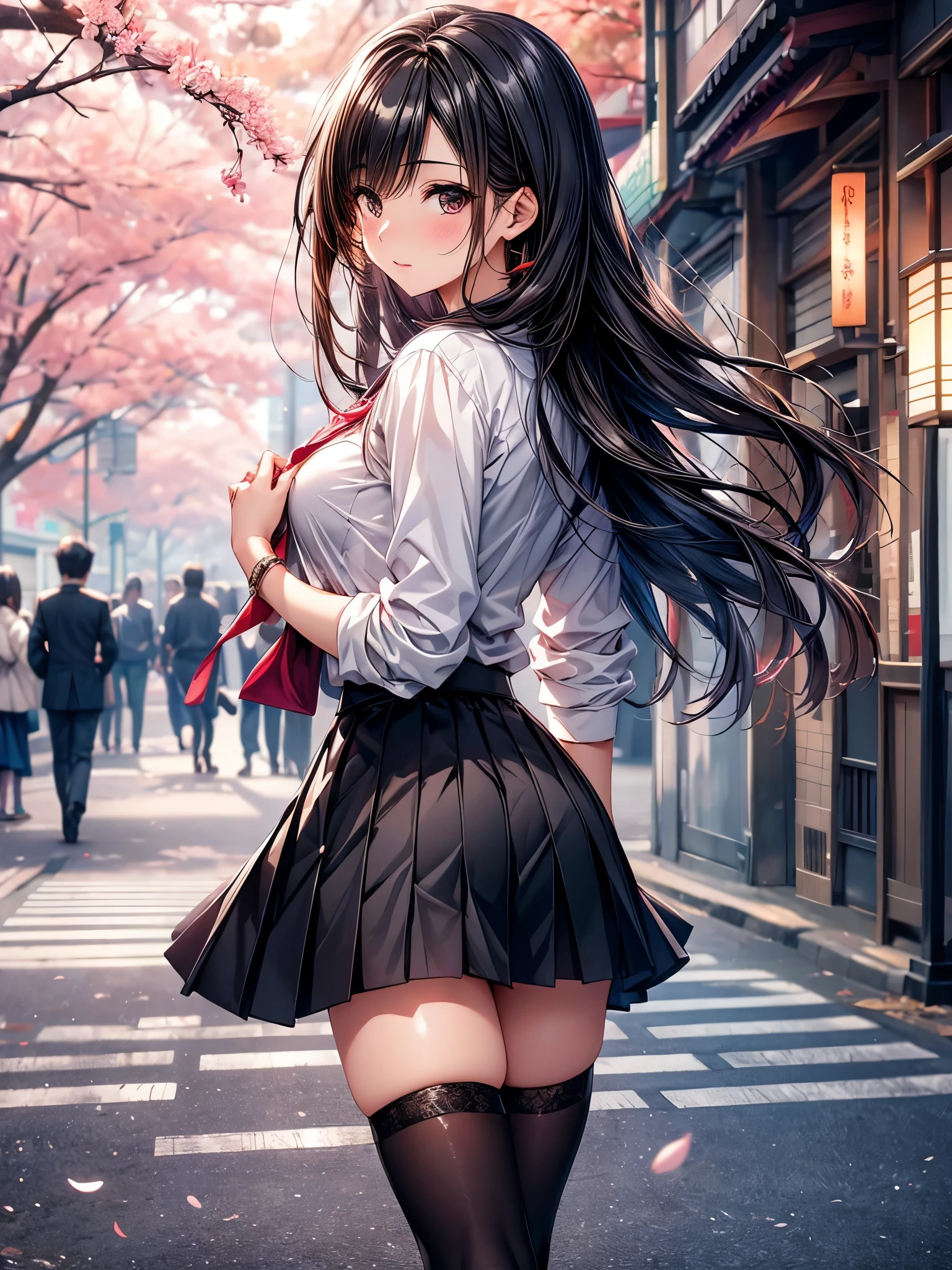 ((Ultra-delicate)), ((Ultra-detail)),(Be focused), (high resolution), Deformed depth of field blurred background, (Detailed background), Perfect layer cut, (full-body shot), rear View, a girl, one person, ((Japanese student)), slim figure, smooth skin, black long hair, slim legs, beautiful fingers, School uniform, white shirt, Black pleated student skirt, dark stockings, Dark student shoes, Background japan city, on street, outdoor , spring, morning, Cherry blossoms, floating Cherry blossoms, CG unity, 8k, Octane Render,