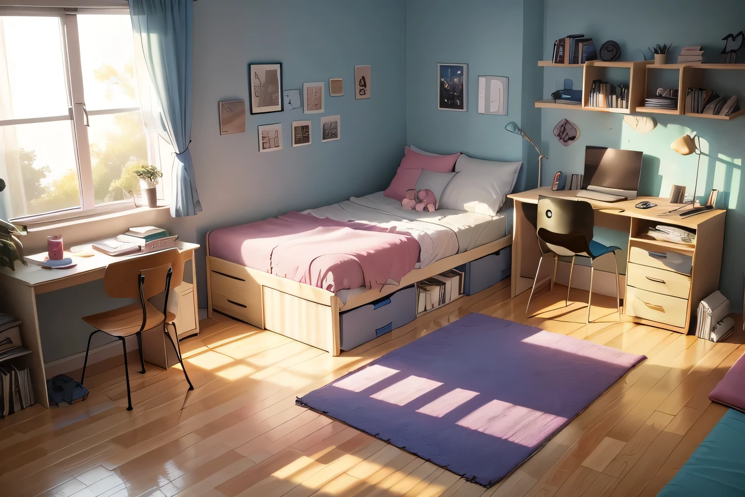 a ager's room, with books spread across the floor, a desk, a dog sleeping on the bed, a computer, a stereo, window with moonlight, cartoon style, low lighting, nighttime