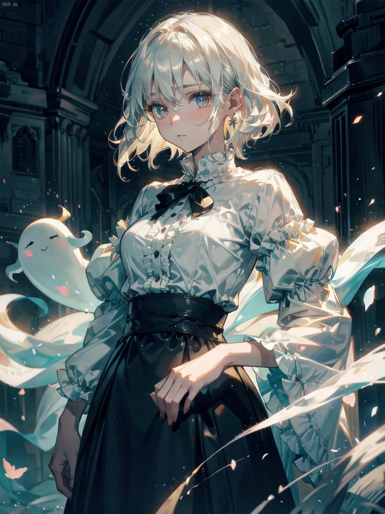 Beautiful ghost, enchanting and mysterious atmosphere, horror, cute, white ghost costume, absurdres, RAW photo, extremely delicate and beautiful, masterpiece, Best Quality, ultra high resolution, 32k, hyperrealistic, ultra-detailed, detailed description, pale skin, 20 years old, tearful mole, earring, Colossal tits, short medium hair, wavy hair, whole body shot,
