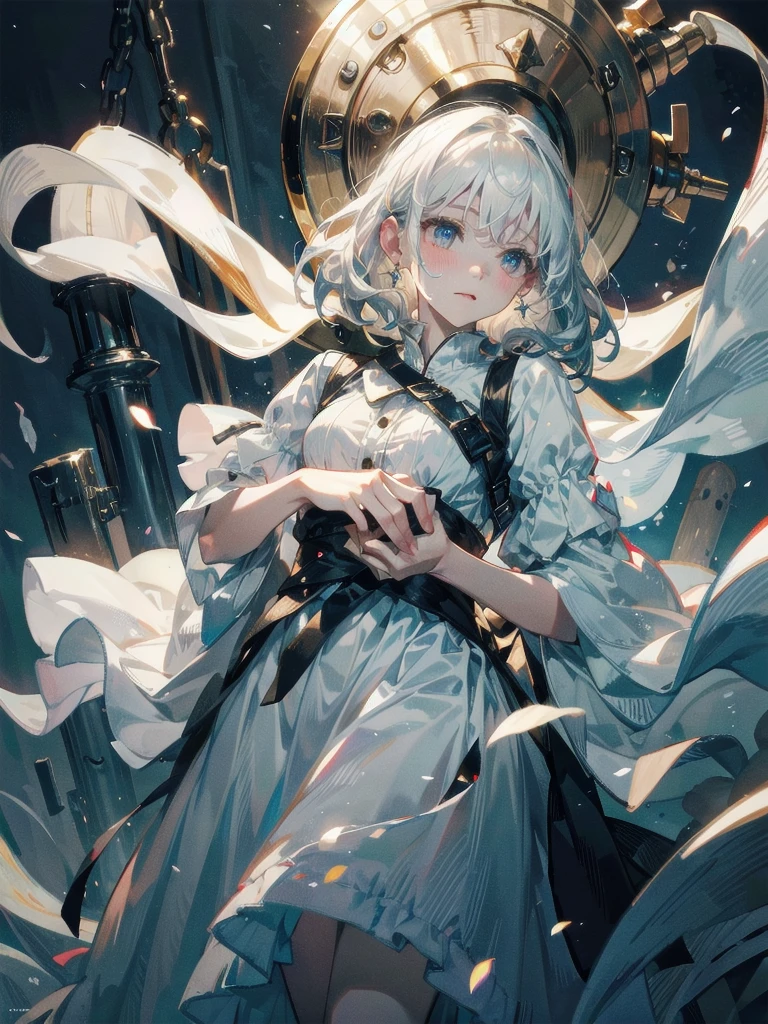 Beautiful ghost, enchanting and mysterious atmosphere, horror, cute, white ghost costume, absurdres, RAW photo, extremely delicate and beautiful, masterpiece, Best Quality, ultra high resolution, 32k, hyperrealistic, ultra-detailed, detailed description, pale skin, 20 years old, tearful mole, earring, Colossal tits, short medium hair, wavy hair, whole body shot,