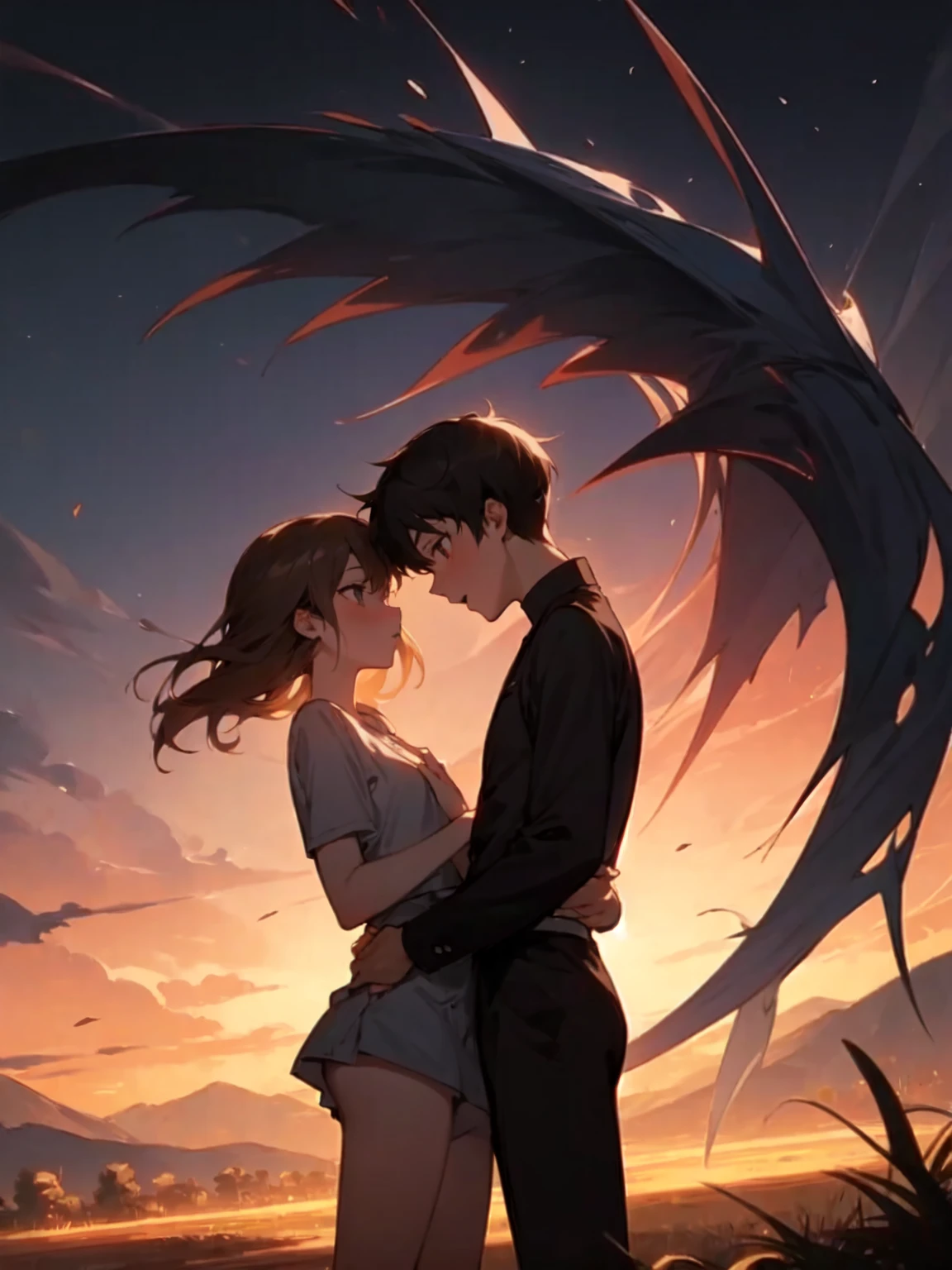 (absurdres), (perfect anatomy), (ingenious angle), (variations of poses), beautiful composition, RAW photo, extremely delicate and beautiful, aesthetic,2 people, 2 shots, boy, looking away, 14 years old, friends, standing, cowboy shot, landscape, warm atmosphere, 2 people, perfect composition, trending pixiv fanbox, clear eyes, anime hand drawn illustration,