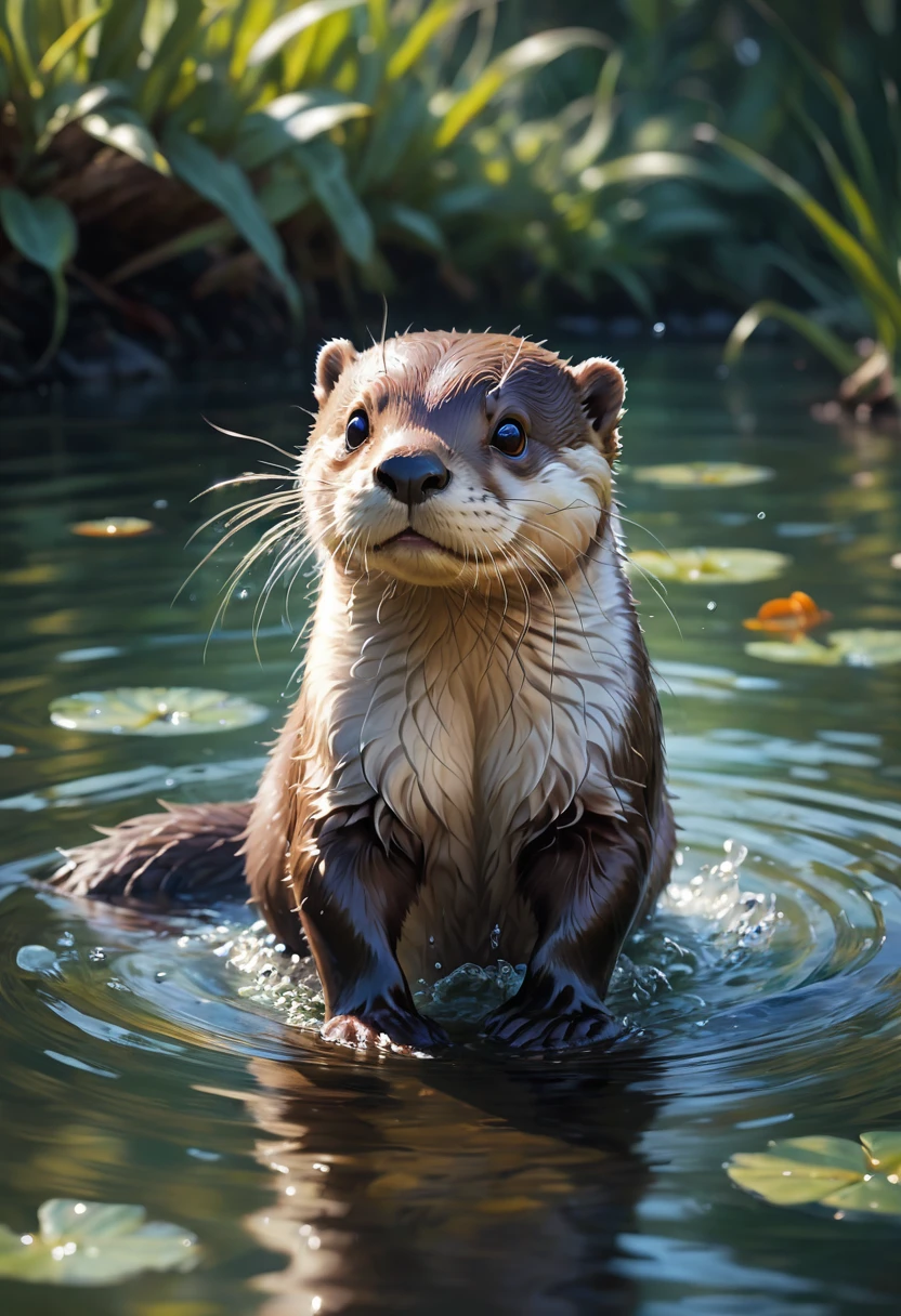 An Otter, aesthetic, (best quality,4k,8k,highres,masterpiece:1.2),ultra-detailed,(realistic:1.37),Otter,playful,adorable,curious,watercolor painting,with beautiful fur,sparkling eyes,expressive face,natural habitat,splashing water,greenery,morning light,peaceful surroundings,vivid colors,endearing,animal wildlife,amazing details,precise strokes,cute little nose,whiskers,fluffy tail,jumping,diving,foraging for food,graceful movements,gentle ripples,reflection on the water,calm atmosphere,serene,refreshing,harmony with nature,soft brushstrokes,subtle textures,exquisite shading,realistic depiction,playful expression,life-like,authentic image,sweet and innocent,emotional connection,heartwarming,classic art style,positive energy,joyful spirit
