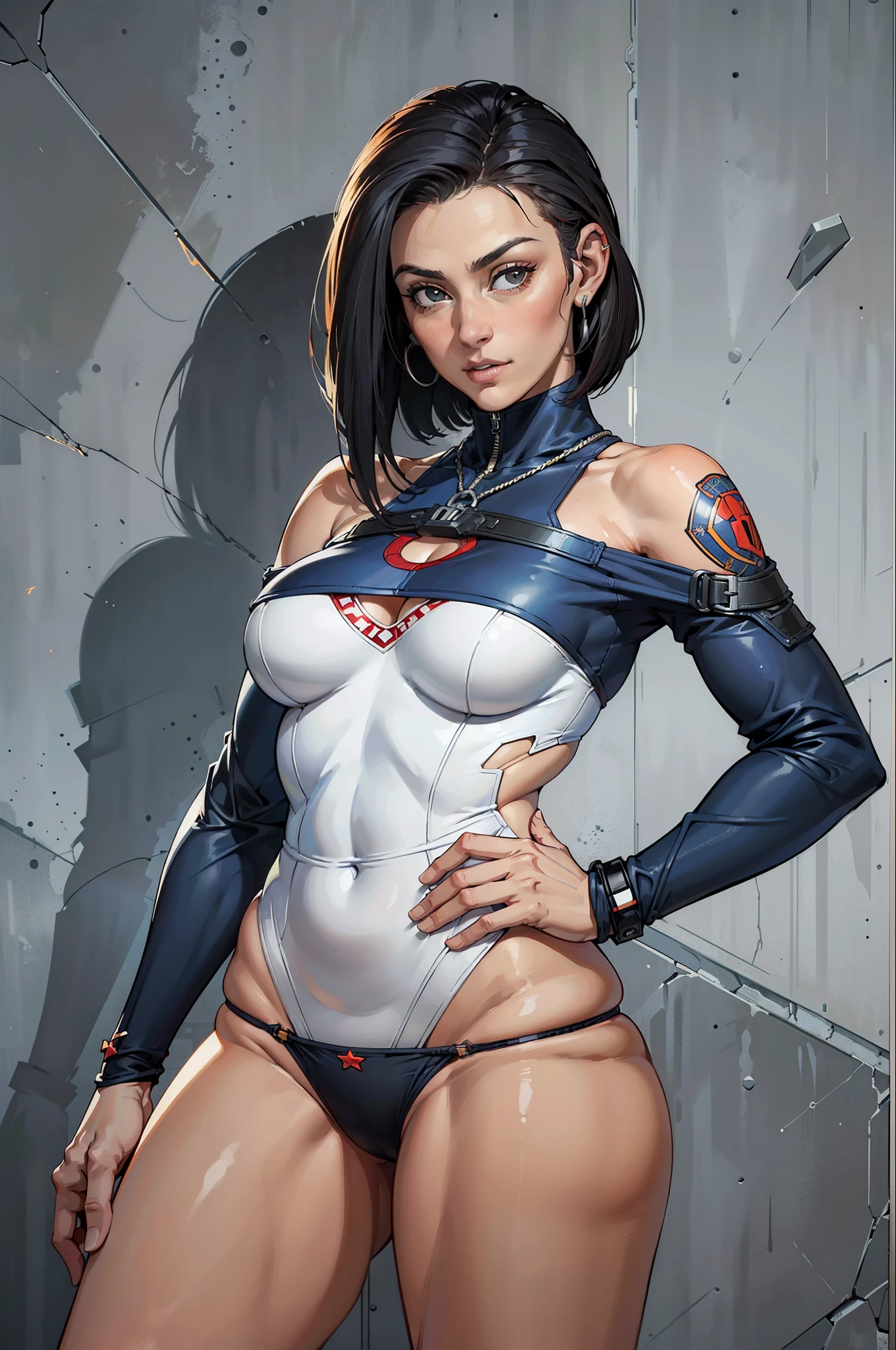 (((mulher))), (((melhor qualidade))), (((obra prima))), (((adulto))), (((1girl))), ((( corte de cabelo bob ))), Uma gladiadora cyberpunk mulher de 25 anos com corpo perfeito, shoulder pads with metal spines, Gladiadores do Brooklyn, (( corte de cabelo bob )), tiny leather panties, camiseta de time de rugby rasgada, quase nua no estilo selvagem urbano de Simon Bisley para a capa da revista Heavy Metal, Cabelo loiro curto, Minimum clothing, Metal protection on the left arm with intricate graphics, Dark red with white stars and white and navy blue checkerboard pattern, armadura, cheio de pontas e rebites, (((do joelho pra cima))), cabelos loiro branco curto, no fundo uma parede pintada por Shepard Fairey com um design intrincado