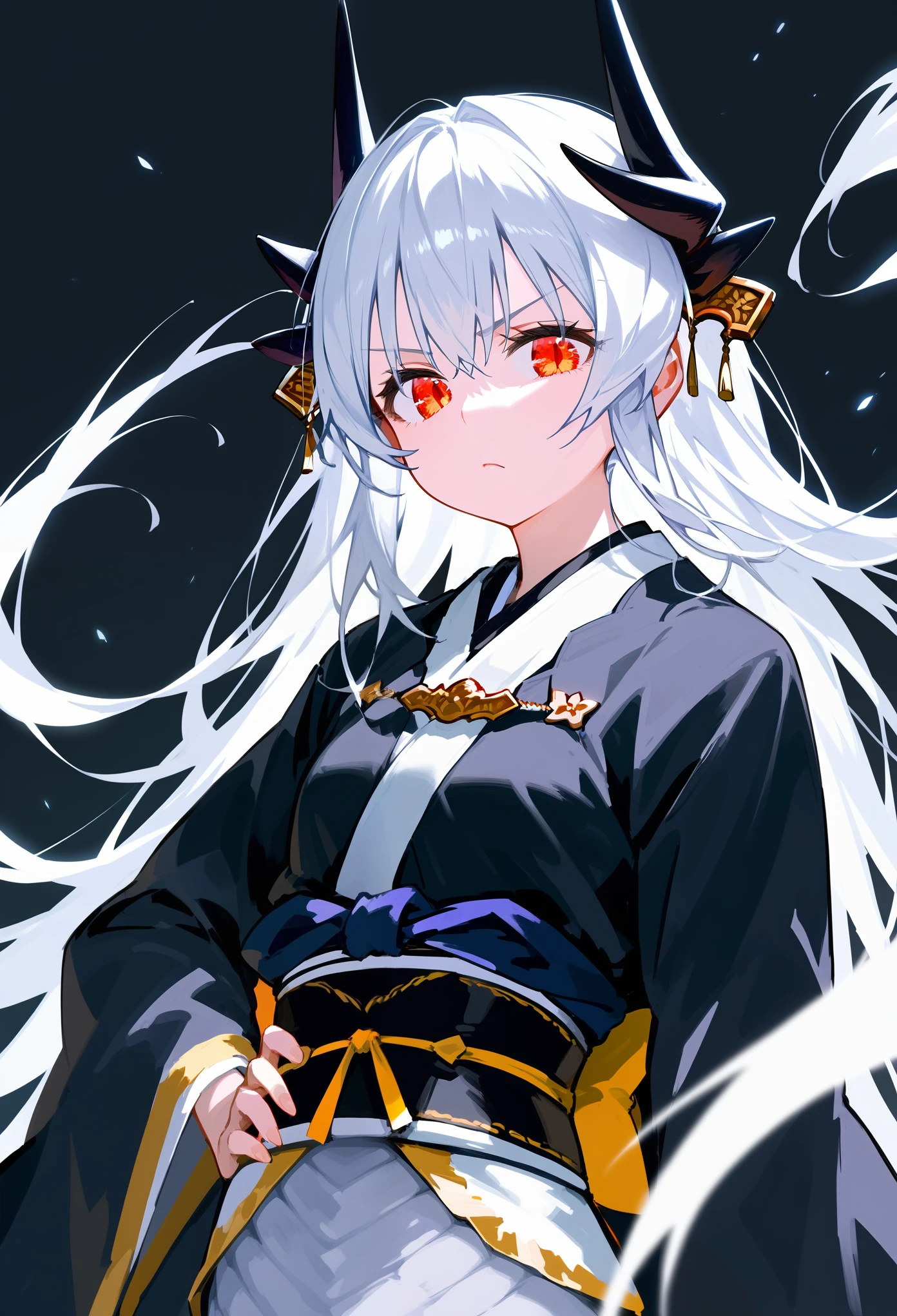 Upper body, zoom out, 1girl, solo, Lamia, white scales, white hair, kiyober3st, black horns, black kimono, wide sleeves, sash, obi, hand on hip, looking at viewer, serious, menacing, black background, simple background, score_9, score_8_up, score_7_up, best quality