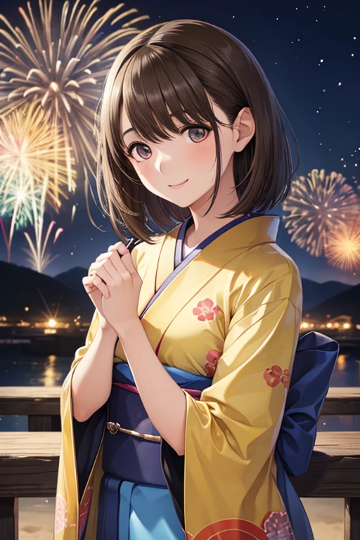 (Absurd, High resolution, masterpiece), (night), Vibrant colors, Fluid colors, Super detailed BREAK (beautiful:1.2), Soft Blending, Cowboy Shot、
Shiny brown hair, short hair, Brown eyes、smile、Sparkling eyes, (Fine grain)、Ultra-detailed eyes、
break (firework), night BREAK 1girl,(festival) (kimono), Highly detailed beautiful eyes