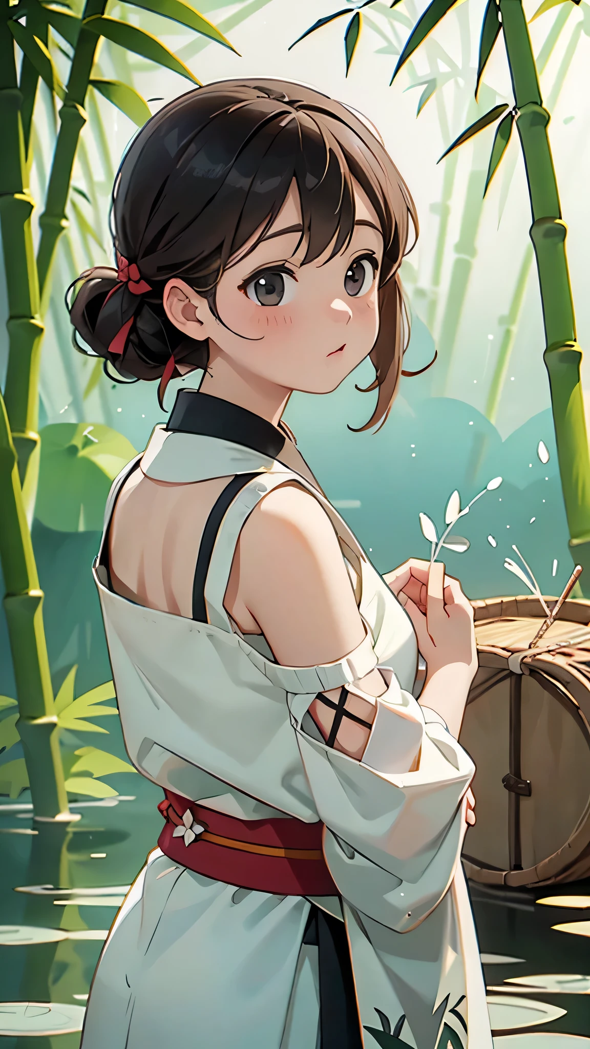 Negative Space, Shui Movissim, girl, woman,Exposing shoulders, (Etch 0.5), lips, Splash, (wood:0.5), (Flowers:0.6) ,(bird:0.2), (Bamboo 0.1), lake, Hangzhou, Bonian, Bonian in background
