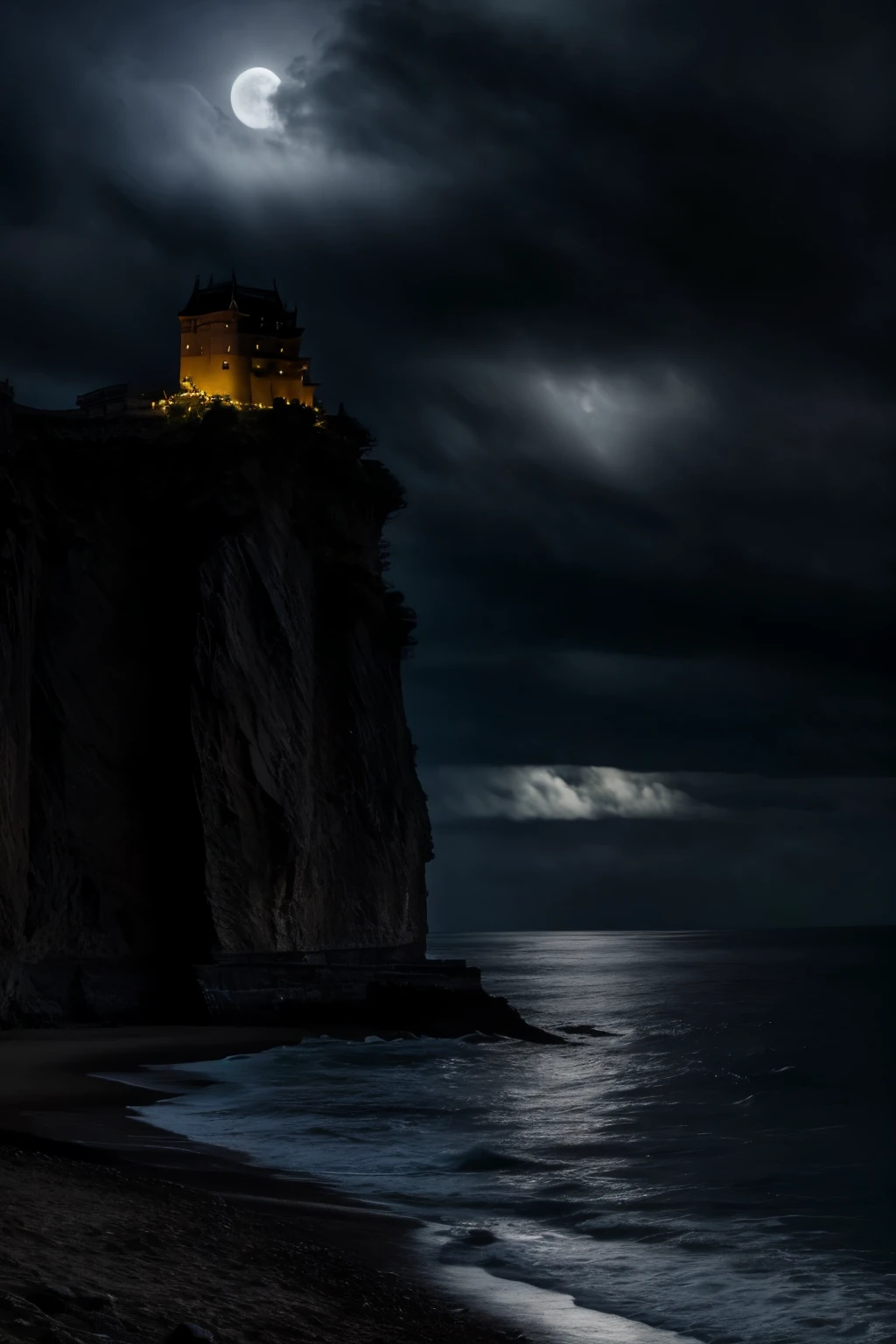 On a cloudy moonlit night，On the cliffs by the sea，Majestic and ancient large castle。dark，Dangerous cold