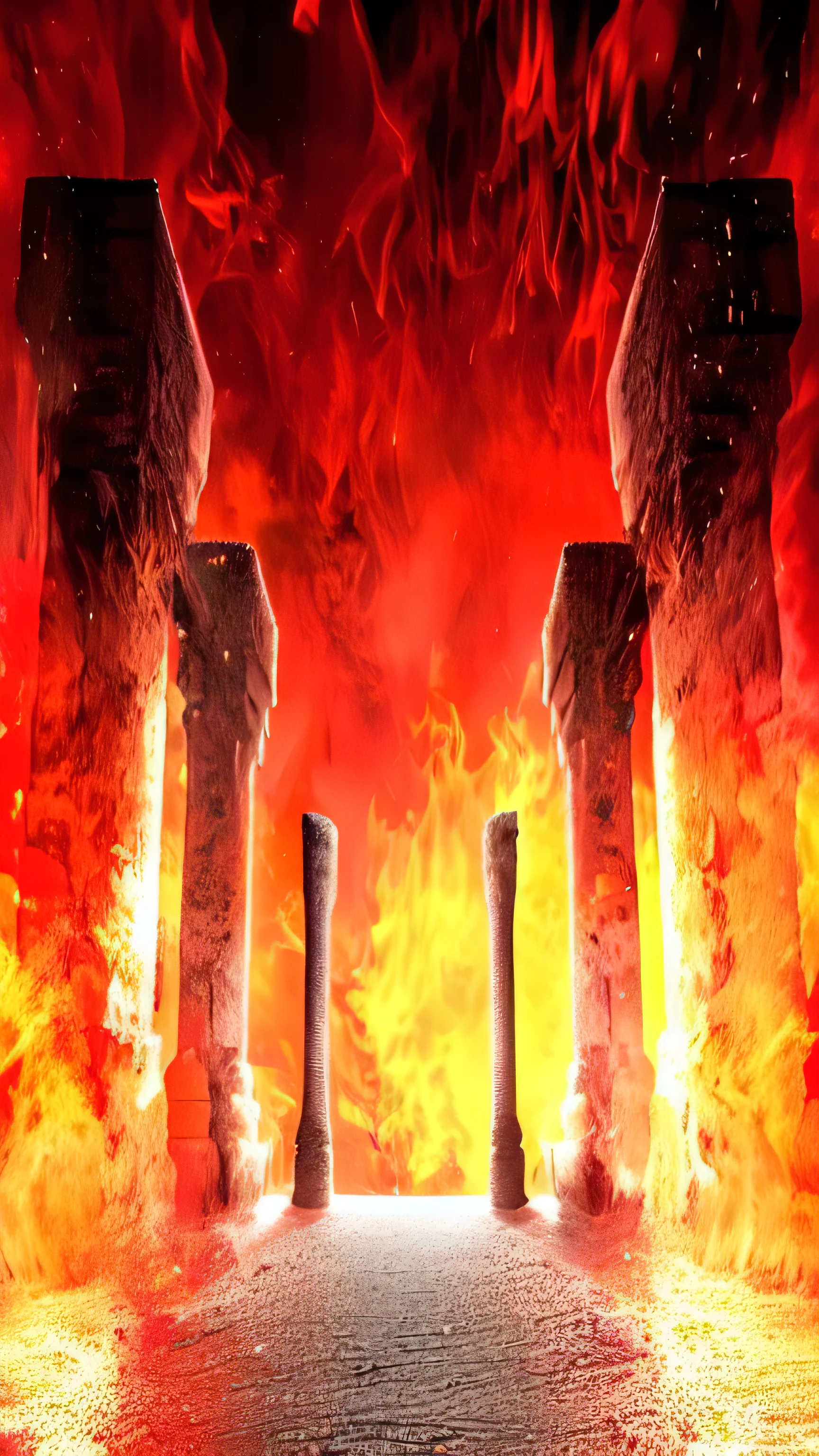 Close-up of a fire scene with pillars and a red sky, Hell Background, an ancient city on fire, Burning battlefield background, hell fire background, Fire and smoke column, The Last Battle of Hell, Hell&#39;s Ruins, gate to hell, Burning city background, the gate to hell, the Hell&#39;s Gate, Entrance to hell, Hellscape, Hell&#39;s Gate