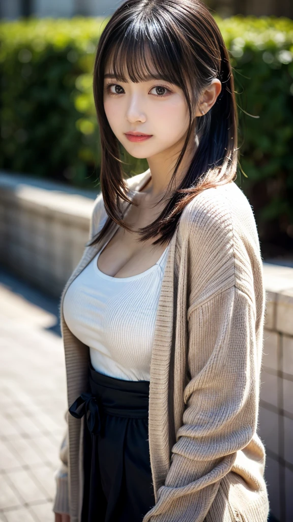 masterpiece, Best Quality, 8K, 20 yo, huge breasts, cuddly, Solo, sad, Cute, Girly, Delicate girl, Neat and clean beauty, Raw photo, Professional Photography, Portrait, Soft light, Professional Lighting, Back lighting, Upper body, from front, Sophisticated, Film grain, (Eyes and faces with detailed:1.0), short length floating hair, beautiful flowing hair, bangs, ponytail, cardigan