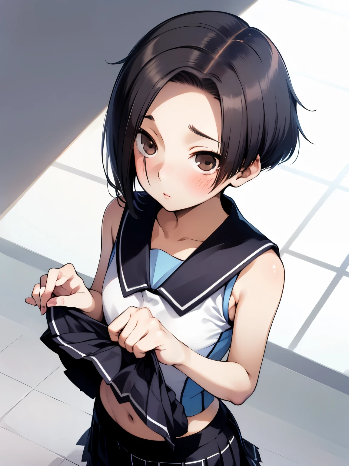 NSFW,Aarinko、short hair、Black Hair、Bobcut,Cropped shirt,Sleeveless,Checkered micro mini skirt,Knee-high socks,High-quality lingerie,Embarrassed,blush,(Perfect hands),(Perfect Anatomy),(masterpiece),(highest quality),Looking up,Lonely look,Shopping mall,looking at the camera,Skirt Lift