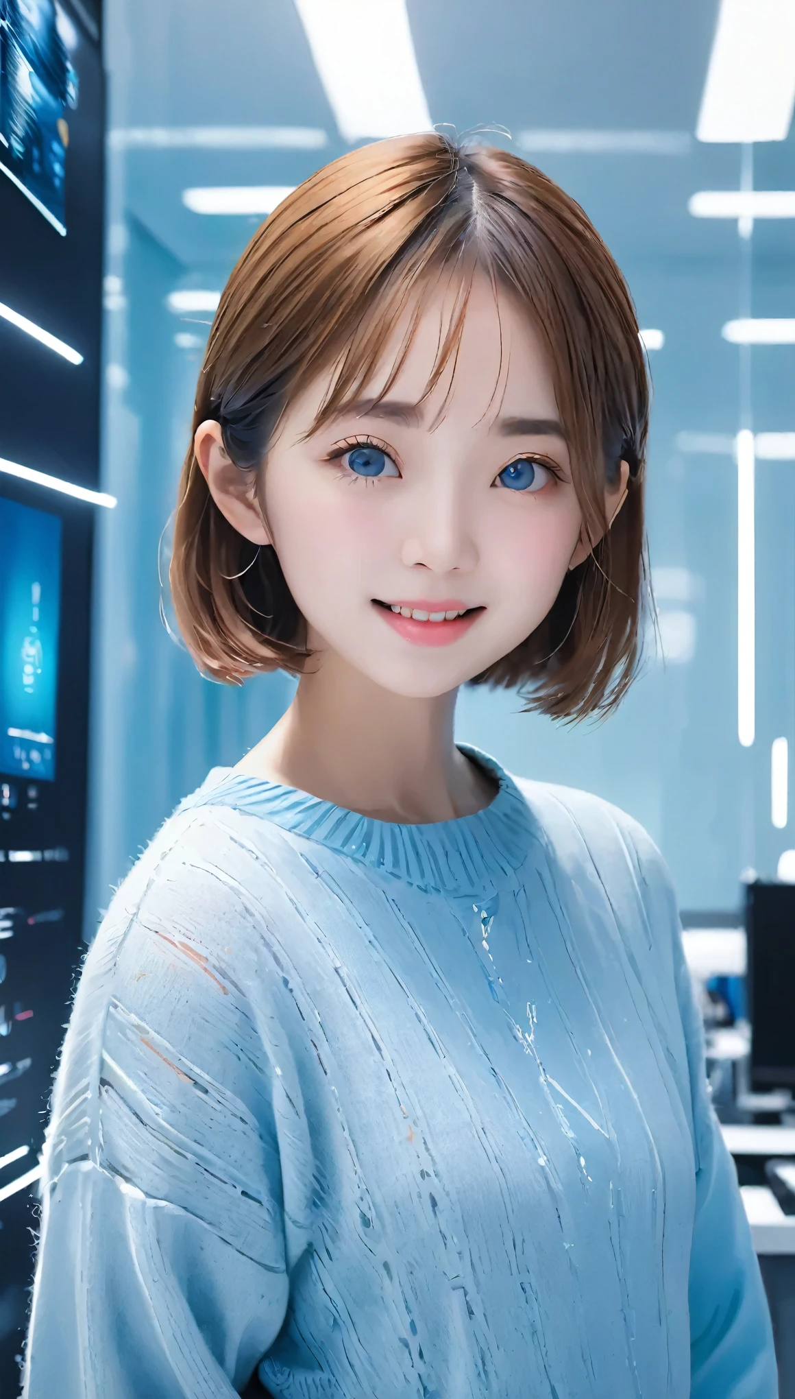 (8k, RAW Photos, highest quality, masterpiece:1.3), (Realistic, photo-Realistic:1.4), (Highly detailed 8k wallpaper), Sharp focus, Written boundary depth,
Japanese Idols,very cute,(Baby Face),sweater, Look at us and laugh, Upper Body, Highly detailed face and eyes,((Shiny skin:1.2)), Cinema Lighting, Soft Light, Blur the background, Bokeh, High-tech company office background with state-of-the-art equipment, Clean design, Blue and white tones
