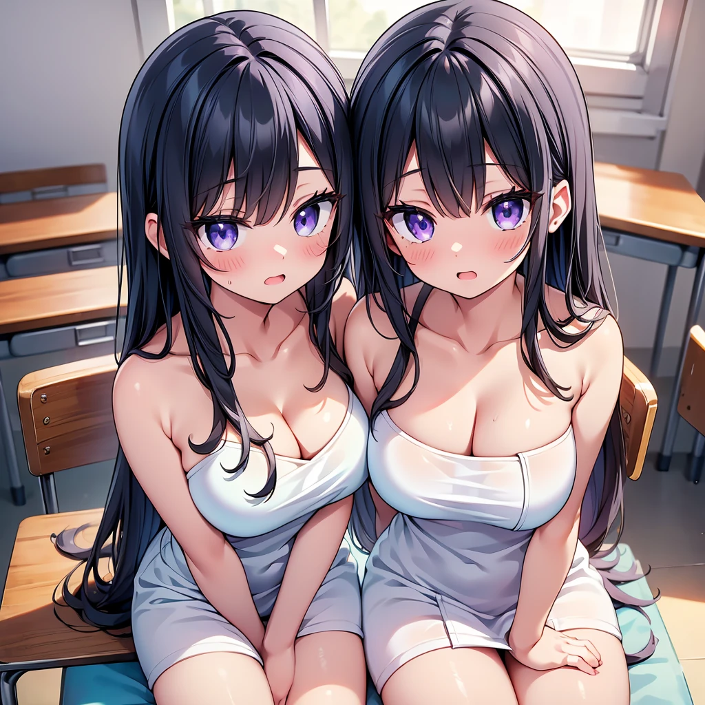 (cute eyes:1.2), (sparkling eyes:1.2), (8K、Best image quality、highest quality、masterpiece)、Detailed face、(2 girls)、Improve、(Black Hair, Purple Eyes, long hair)、(open mouth), (embarrassed), (skinny body:1.3),(), ( Towel:1.3), (torn clothed:1.2), (cleavage), Sit on a chair, Classroom Background, (Waistline:1.1),(close-up shot of bust), (from above:1.2)