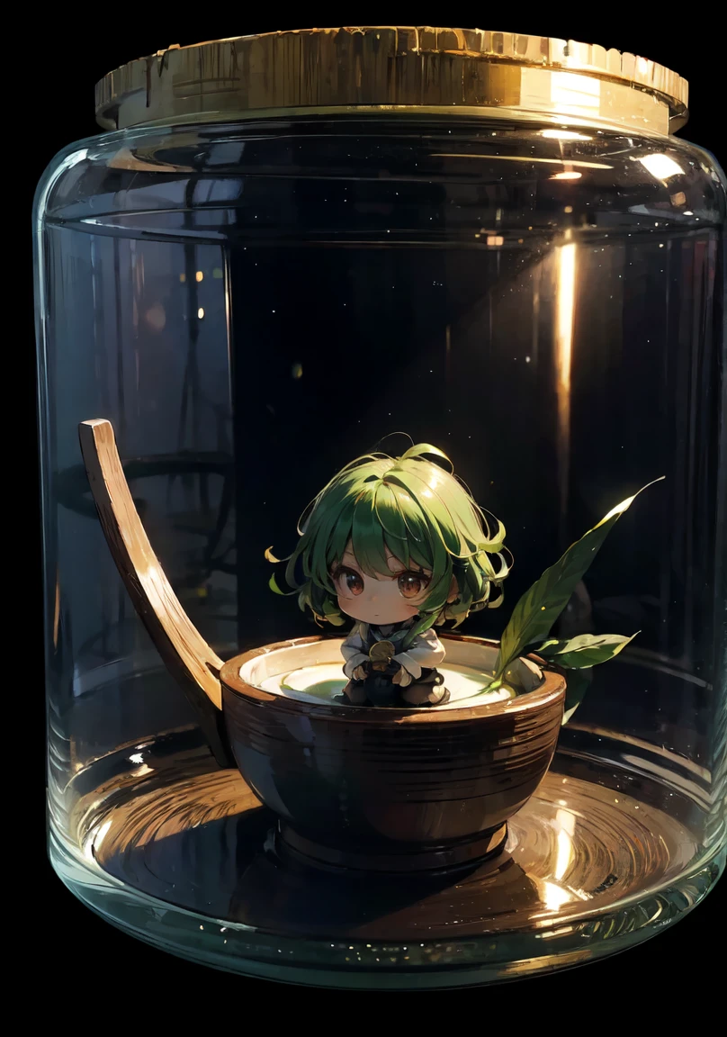 chibi、tatsumaki,full body、Characters are stored in small, transparent, elongated capsules.、Great lighting, ((masterpiece)), highest quality, Beautiful art, Photorealism