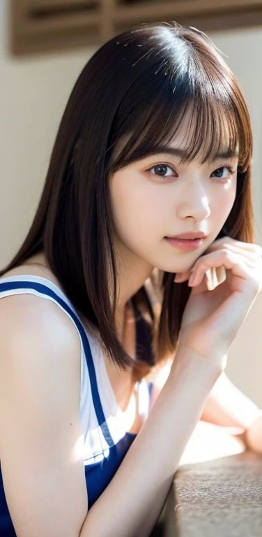 (8k), (highest quality: 1.2), (Realistic), (Realistic: 1.37), Ultra-high resolution, 1 girl, Head to knee photo、cute, smile, Mouth closed, Beautiful details, Beautiful Nose, whole body, Wet Hair, Giant Dulcefo, pork, , (Large Breasts)、Saggy breasts、Soft Breasts、Overflowing breasts、ブラジャーをしていても隠しきれないLarge Breasts、Voluptuous thighs、Odd Eye、Heterochromia iridis