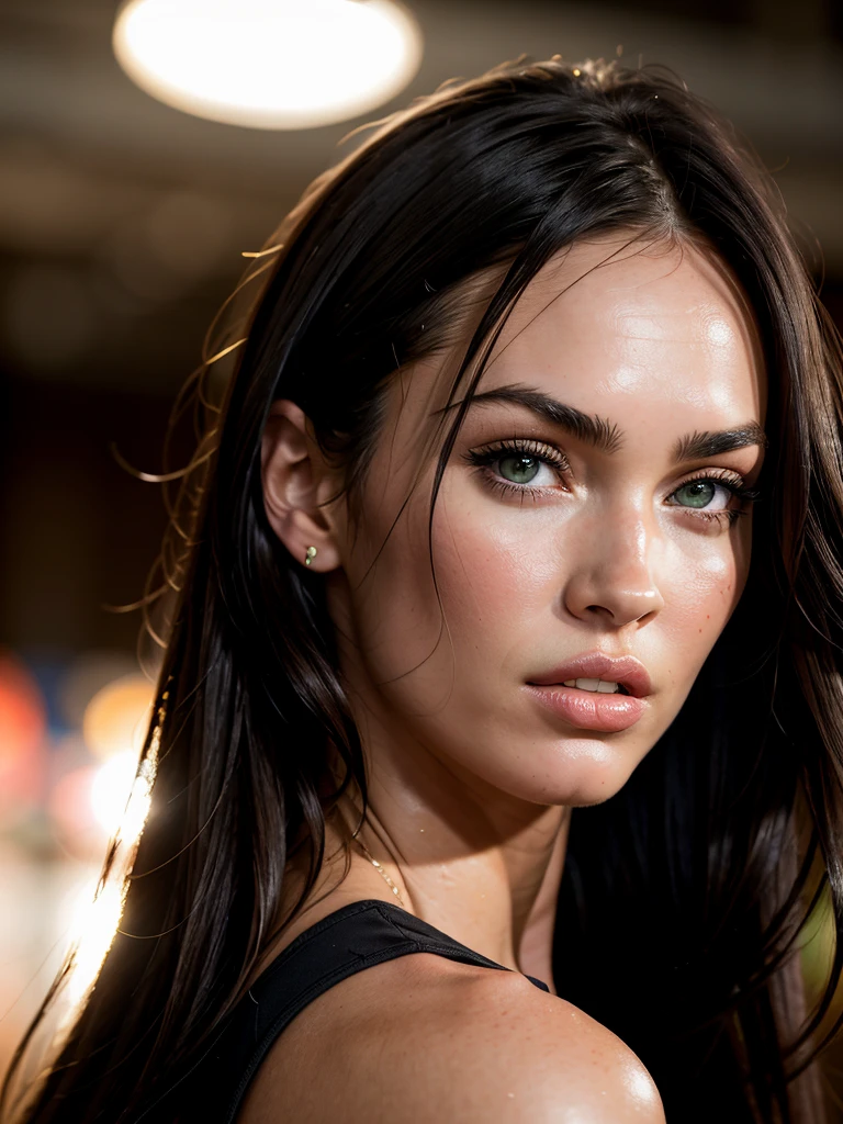 raw photo, bust portrait, Megan Fox, simple dark background, spot lighting, backlight, cool lighting