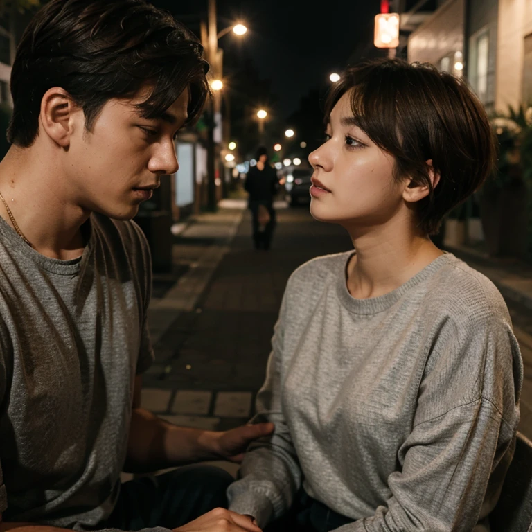 Create a scene like in those KDramas where the guy is pulling the girl in for a kiss while forcefully holding her hand but they dont kiss. The girl has short wolf cut hair and she is staring up at the guy as the guy pulls her hand. The setting is evening. Make sure they are facing each other. They both are wearing cool casual clothes and the girl is looking up at the guy in surprise